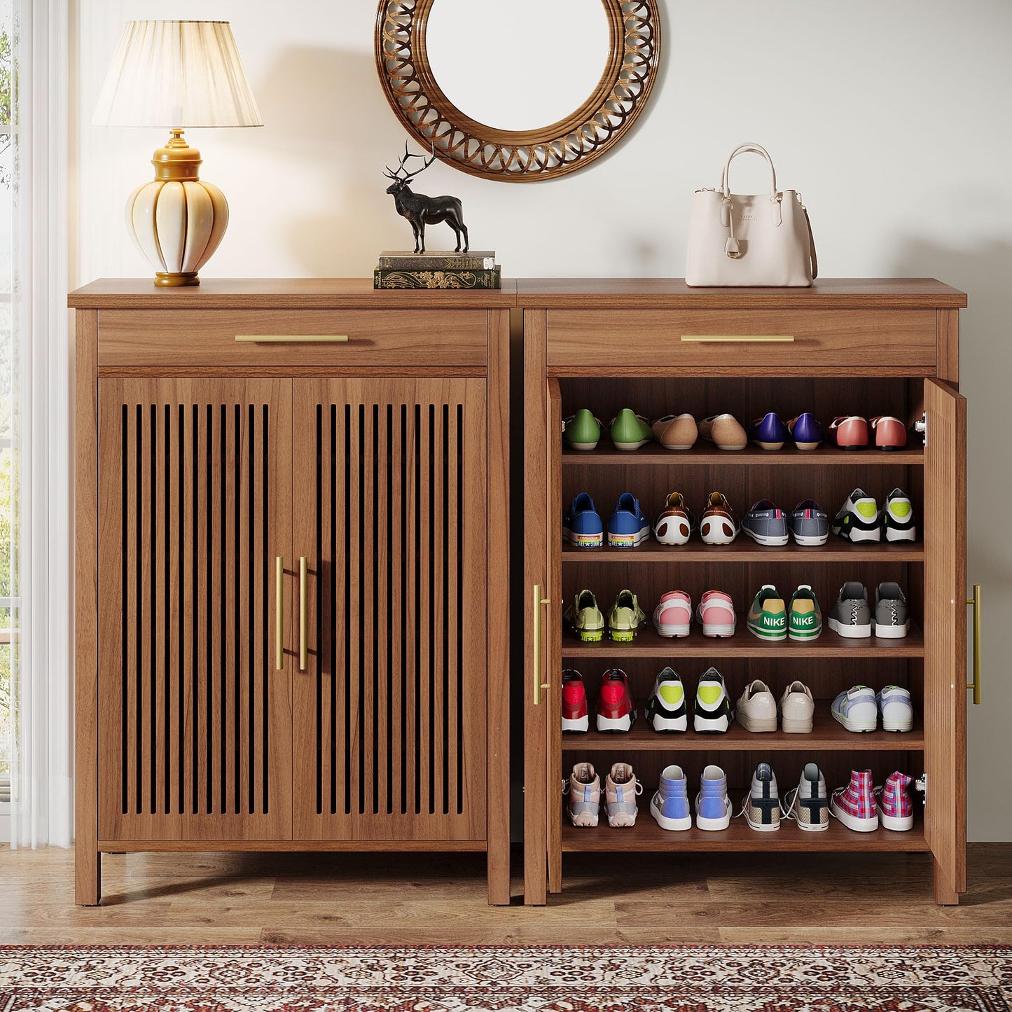 Tribesigns Shoe Cabinet, 5-Tier Shoe Storage Cabinet with Louvered Doors and Drawer, Freestanding Wooden Shoe Rack Organizer with Adjustable Shelves for Entryway, Hallway, Closet, Brown