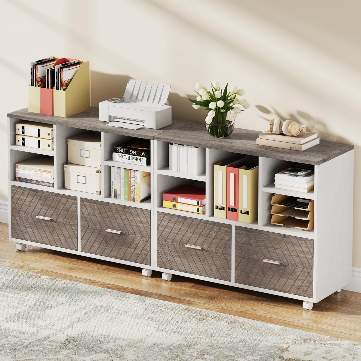 Tribesigns 2-Drawer Wood File Cabinet, Mobile Lateral Filing Cabinet for Hanging Letter Size Files, Printer Stand with Open Storage Shelves for Home Office (Oak Karo & White)