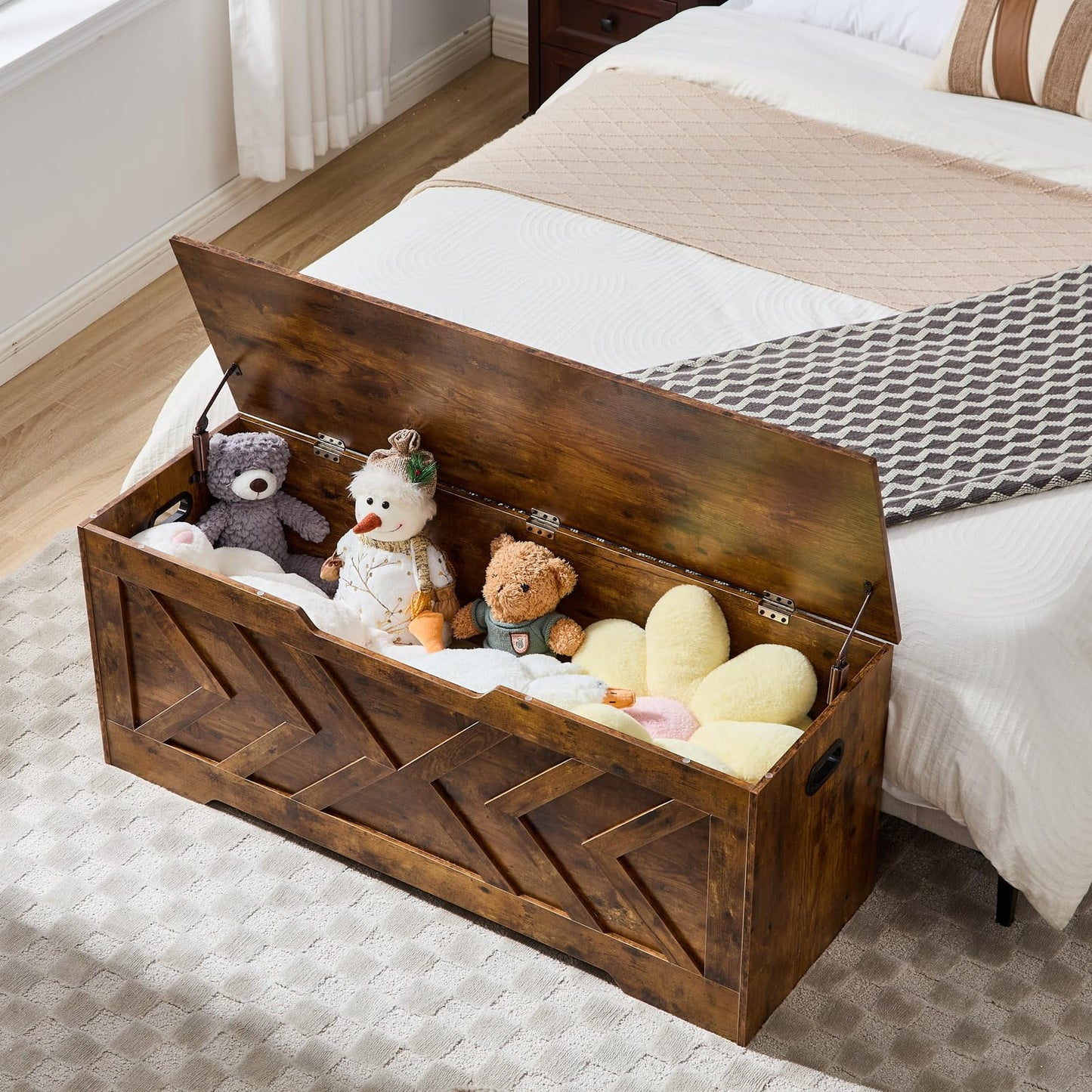 47.2” Storage Bench,Extra Large Wooden Storage Chest with 2 Safety Hinges,entryway Bench,Blanket Storage,Shoe Storage Bench for Entryway,Bedroom,Living Room,Easy Assembly.-Greige