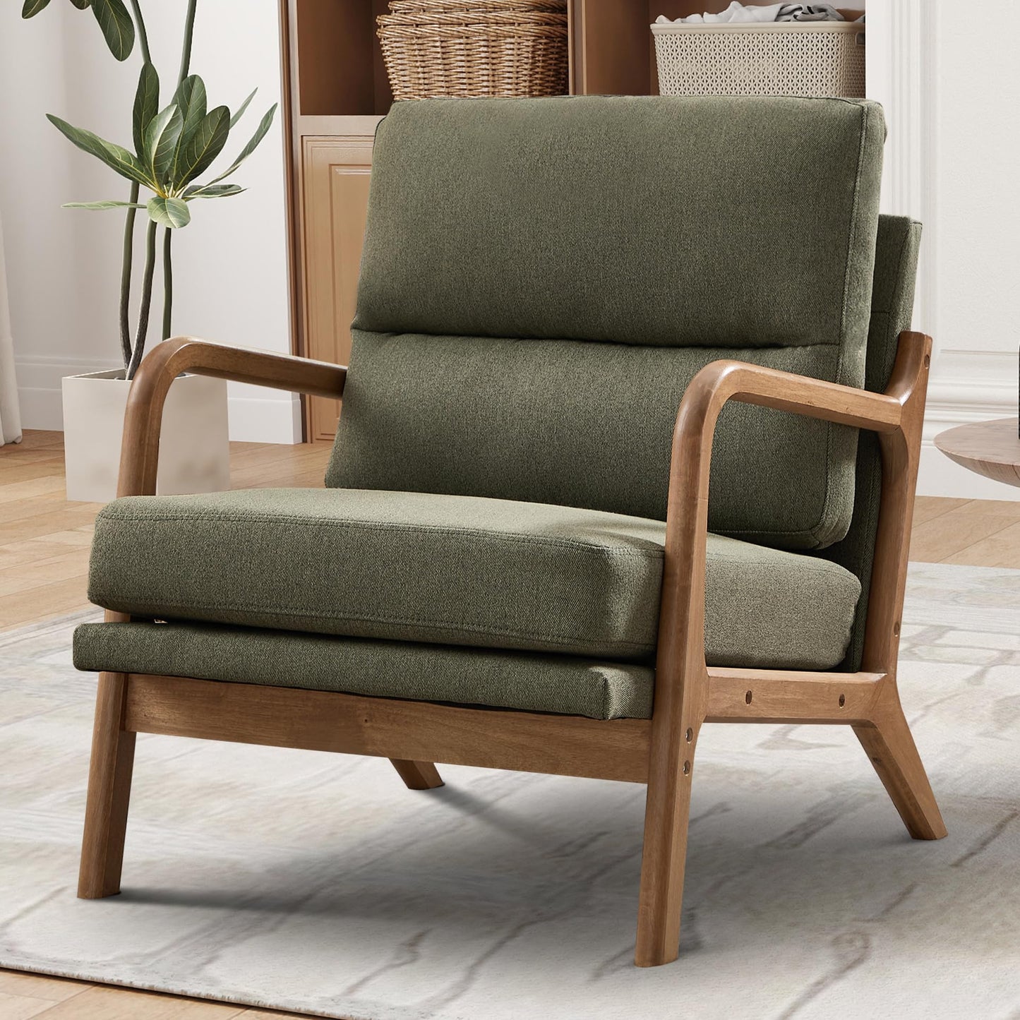 IOMOR Mid Century Modern Accent Chair with Solid Wood Frame Linen Fabric, Upholstered Living Room Chairs with Lumbar Cushion Padded Arms, Reading Armchair for Bedroom (1, Warm Beige)