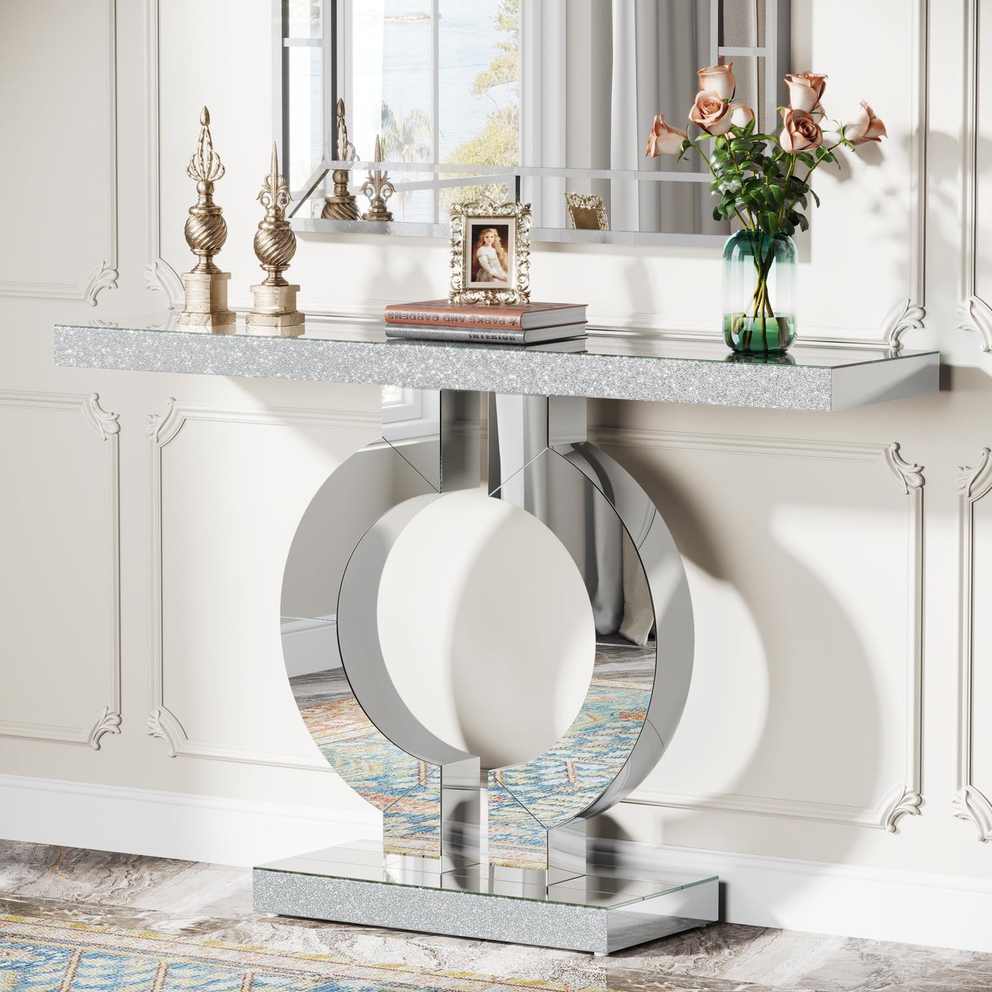 Tribesigns Modern Mirrored Console Table, Glass Sofa Table with Mirror Finish, 43-Inch Entryway Table with O-Shaped Base, Rectangular Accent Foyer Table for Living Room Hallway Entrance (Black)