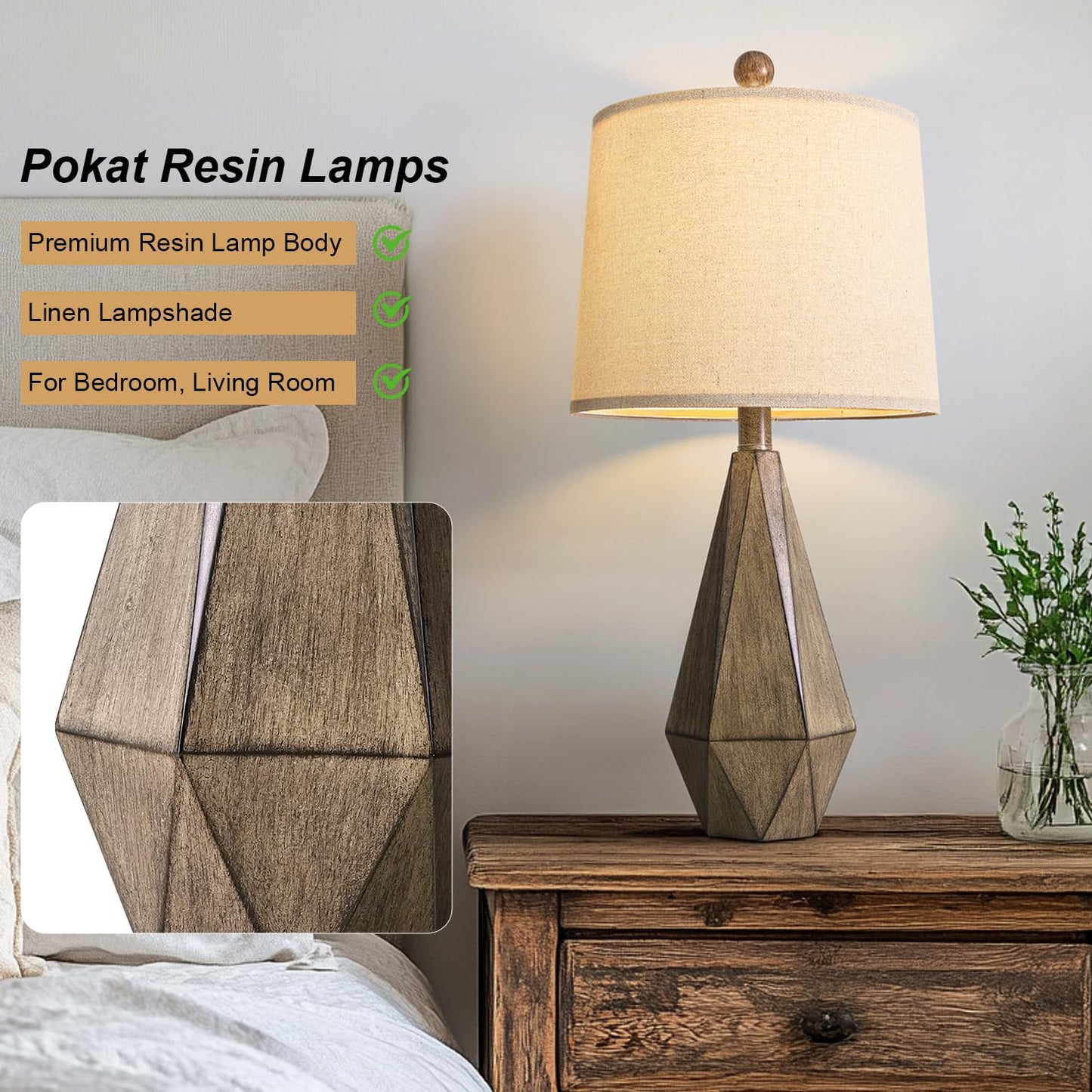 PoKat 20.25" Retro Farmhouse Table Lamp Set of 2 - Living Room & Bedroom Rustic Linen Bedside Nightstand Lamps for Kids, Study, Office - Resin, Suitable for Small Places
