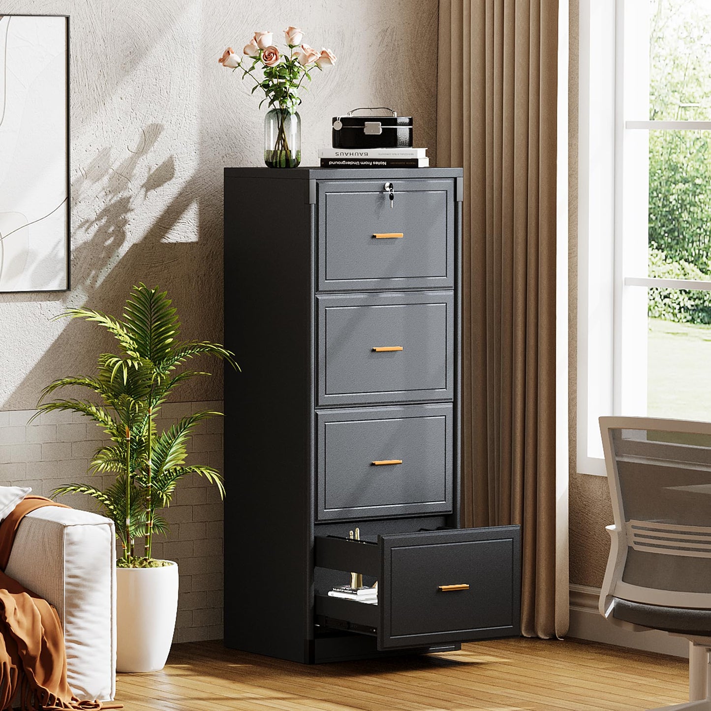 Tribesigns 4-Drawer File Cabinet with Lock, Locked File Cabinet with Key, Tall Wooden Filing Cabinets for Home Office, Vertical Office Storage for Legal Size/Letter/A4/Files, Brown
