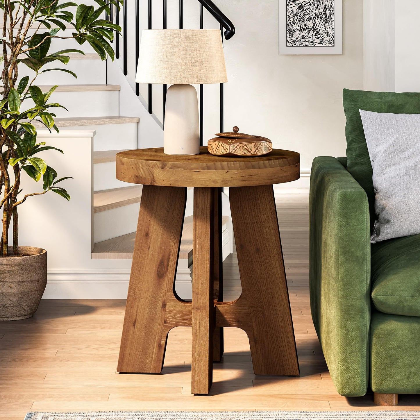 Set of 2 Round End Table, Farmhouse Solid Wood Side Table for Couch, Mid Century Modern Side Table with Heavy-Duty Leg, Wood Bedside Table for Bedroom, Small Spaces, Walnut