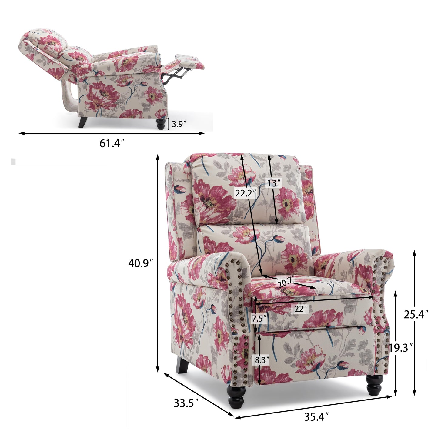 Pushback Recliner Chairs Set of 2, Comfy Fabric Wingback Recliner Chair, Upholstered Armchair Push Back Recliner with Wood Legs, Rivet Trim Accent Chair for Living Room, Bedroom, Blue Stripe