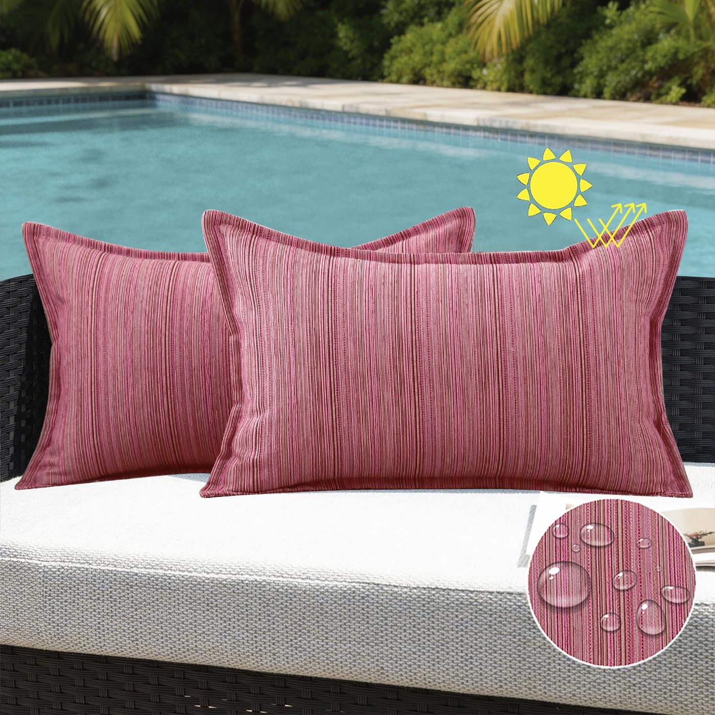 VAKADO Outdoor Waterproof Throw Pillow Covers 18x18 Set of 2,Chenille UV Decorative with Hem Patio Furniture Cushion Cases Decor for Bench Garden Tent Chair Seat Porch Couch,Stripe Beige