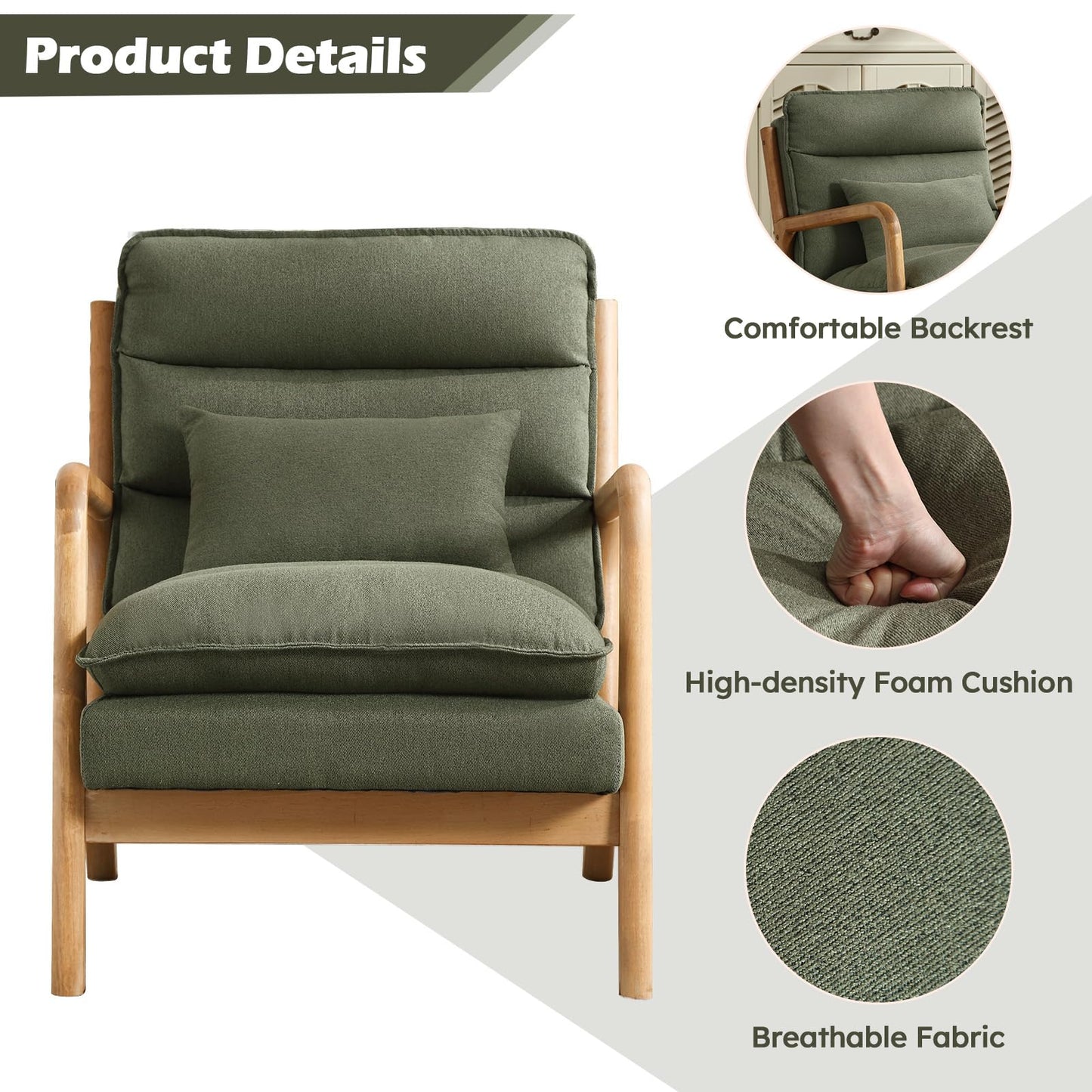 IOMOR Mid Century Modern Accent Chair, Upholstered Lounge Armchair with Plump Back Pillow, Comfy Reading Chair with Solid Wood Frame for Bedroom Living Room, Brown
