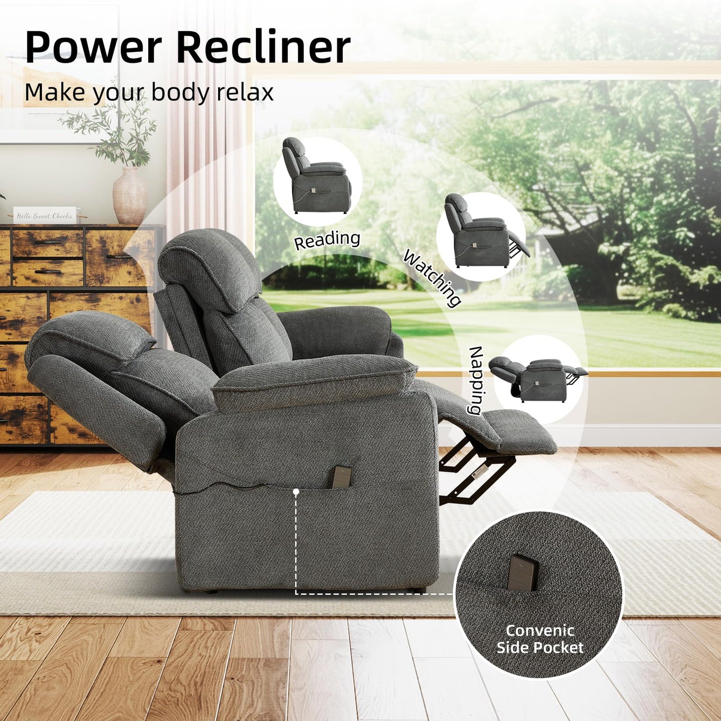IOMOR Power Recliner Chair, Electric Recliner for Adults, Reclining Sofa Chair, Adjustable Home Theater Seating with Side Pocket for Small Space, Living Room (1, Dark Gray, Single Recliner)