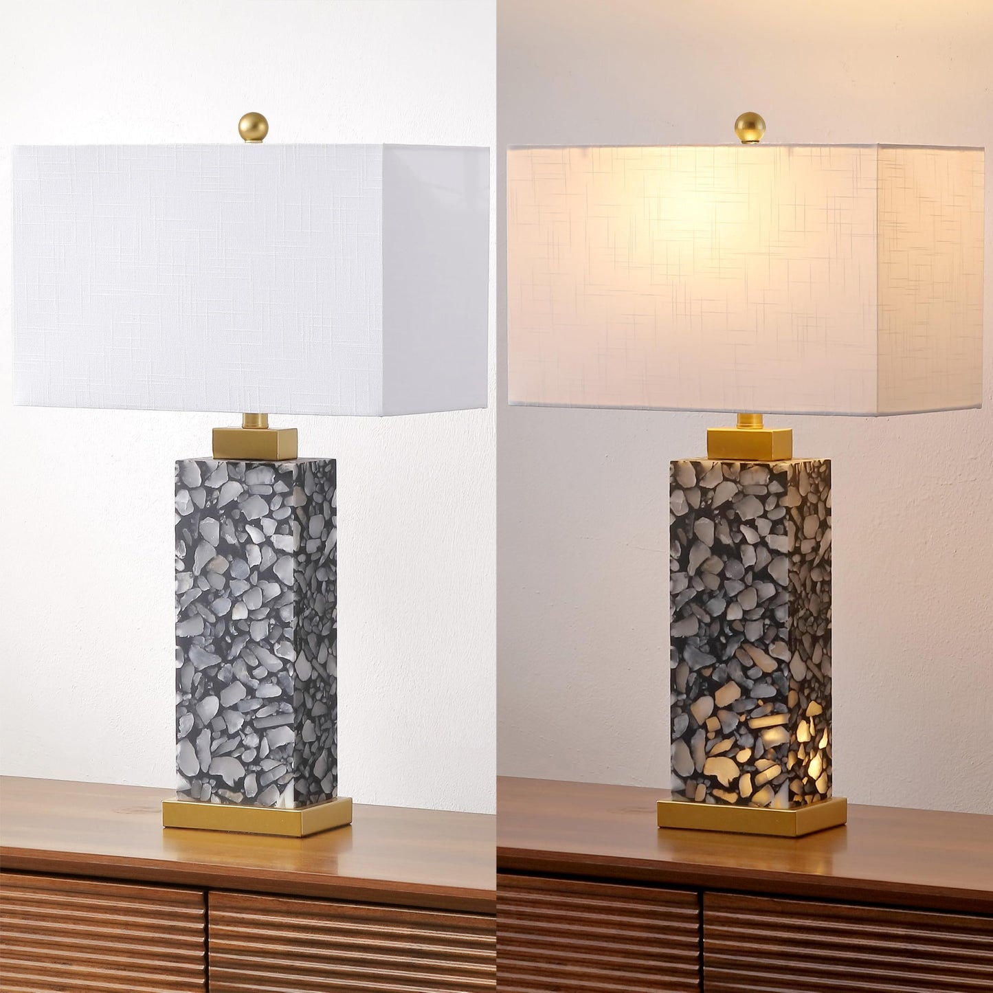 JONATHAN Y 24.25" Black/White Modern Alabaster LED Table Lamp for Home Decor, White Linen Shade, Coastal Nightstand Lamp with Built-in Base Accent Light (JYL8507A)