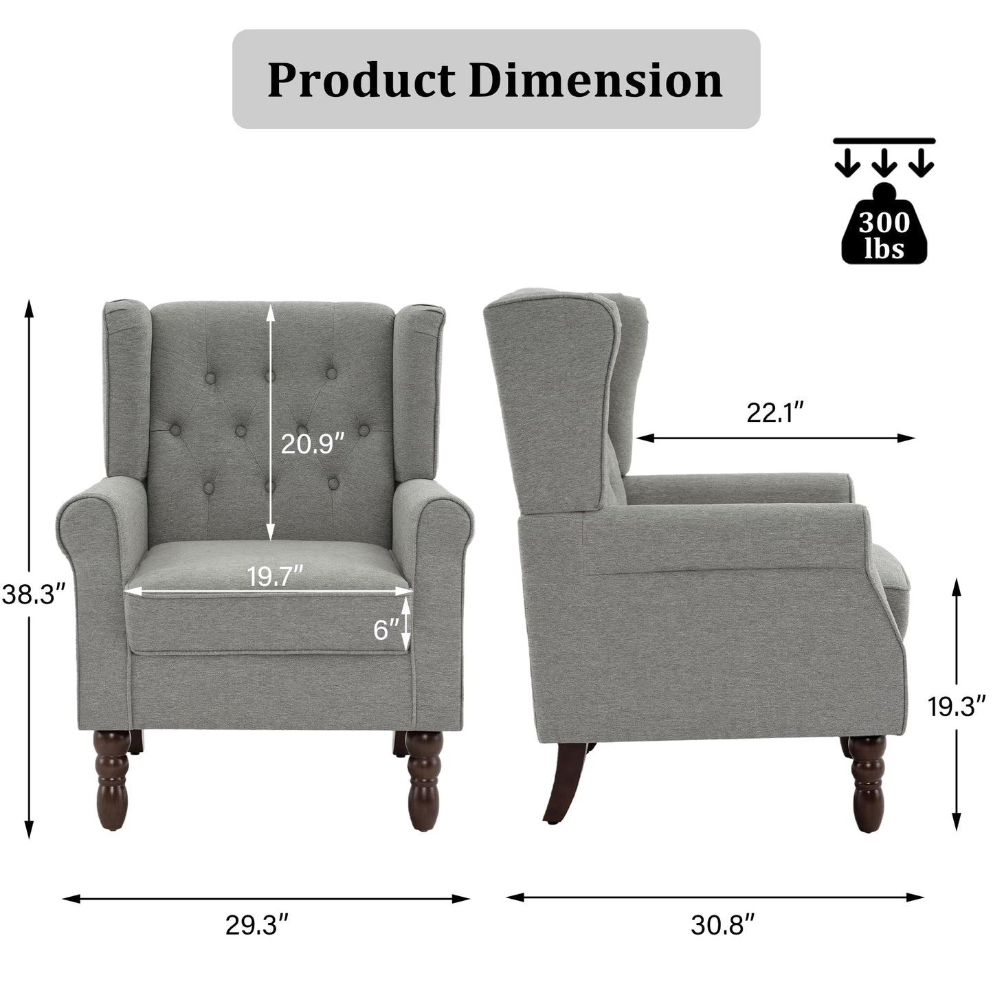 Faux Leather Wingback Chairs Set of 2, High Back Accent Chair for Living Room, Button-Tufted Upholstered Armchair with Solid Wood Legs, Comfy Reading Chair for Bedroom, Brown