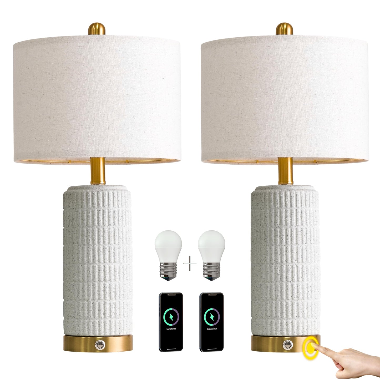 PoKat Touch Bedside Table Lamps with USB Ports for Bedroom Living Room, 25'' Dimmable Nightstand Touch Lamps for Living Room, Modern Ceramic Lamps for Night Stands Bedroom, Office, White and Beige