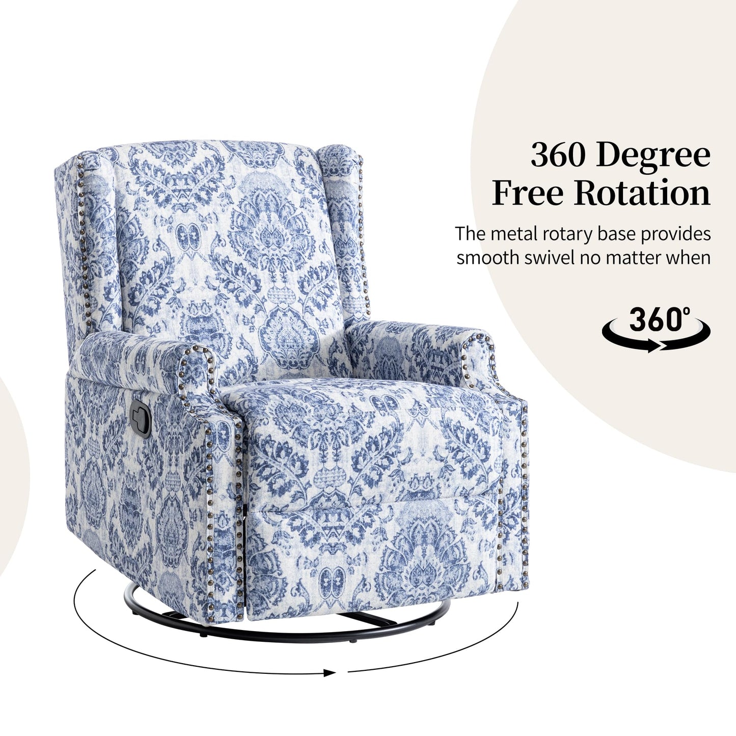 Swivel Rocker Recliner Chair, 360° Swivel Wingback Recliner Chairs for Adults, Upholstered Printed Fabric Glider Rocking Chair with High Back, Deep Seat for Living Romm Bedroom, Bird