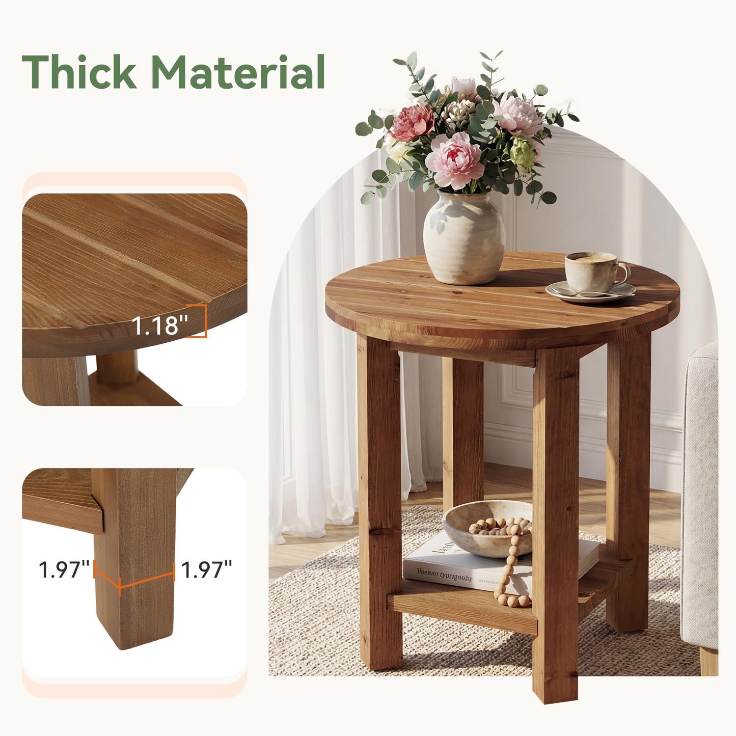 Round Solid Wood Nightstand, 2-Tier Bedside Table with Storage Shelf, Small Farmhouse End Table for Bedroom, Brown (1)