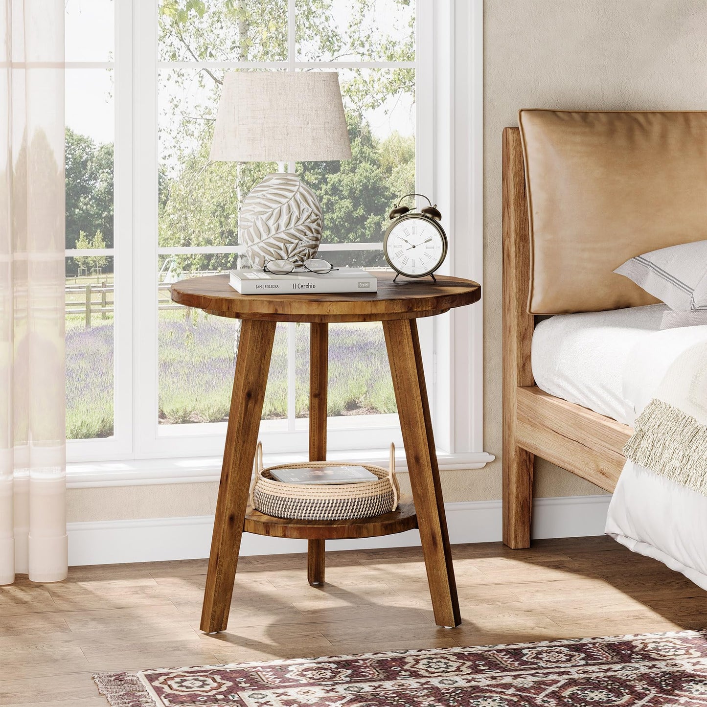 Solid Wood Round End Table, Sofa Side Table with Storage Shelf, Farmhouse Nightstand for Living Room, Bedroom, Easy Assembly (Dark Brown, 1 PC)