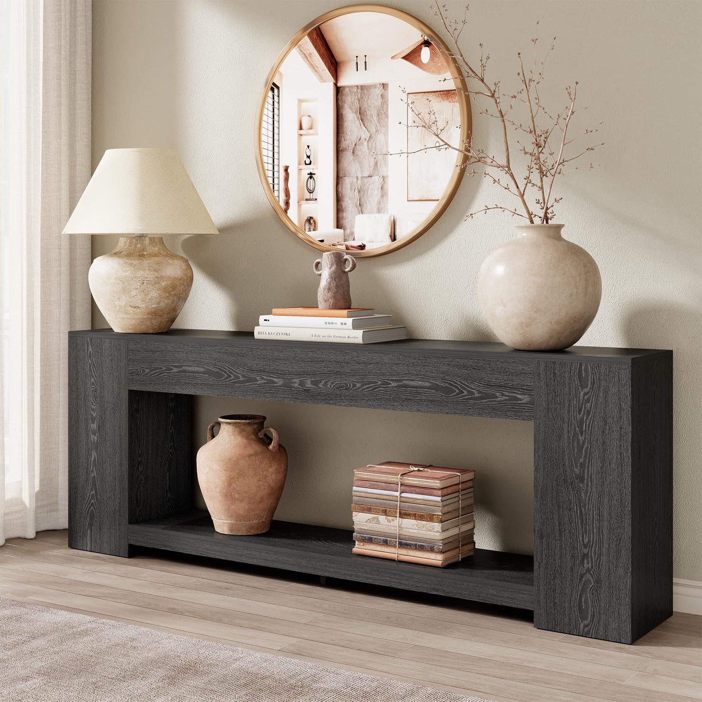Epecoya 86-Inch Extra Long Console Table for Entryway, Farmhouse Sofa Table Behind Couch Wooden, 2-Tier Entry Console Tables with Storage for Entrance, Living Room, Natural Oak Brown