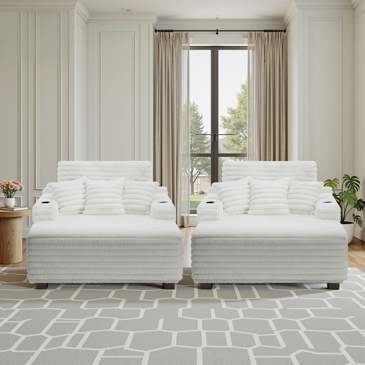 59" Chaise Lounge Chair Indoor, Upholstered Oversized Sleeper Sofa Bed Reading Chairs with 3 Soft Pillows & 2 Cup Holders, Comfy Cloud Deep Seat Sofa for Living Room Bedroom, Set of 2, Navy