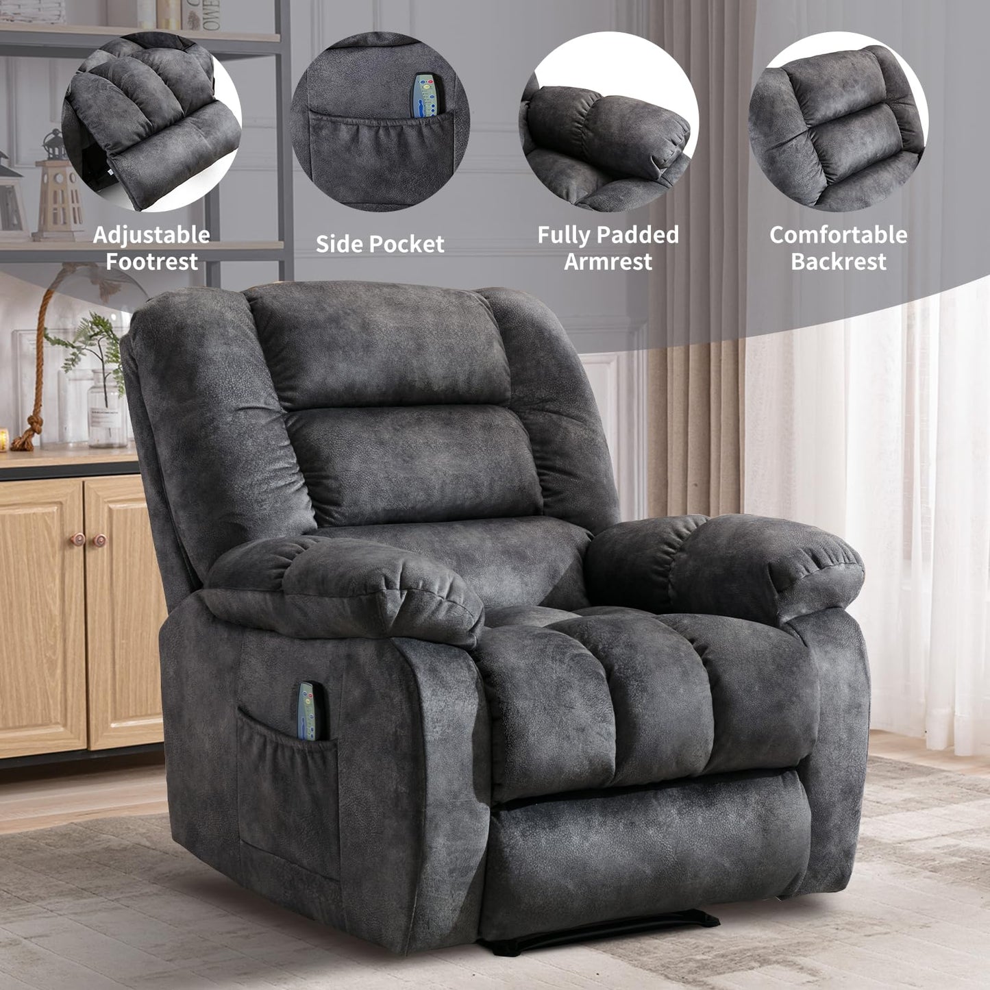 IOMOR Massage Recliner Chair with Heat and Massage, Ergonomic Overstuffed Breathable Fabric Reclining Chairs, Single Sofa Chair with Side Pockets for Living Room Home Theater (Dark Gray)