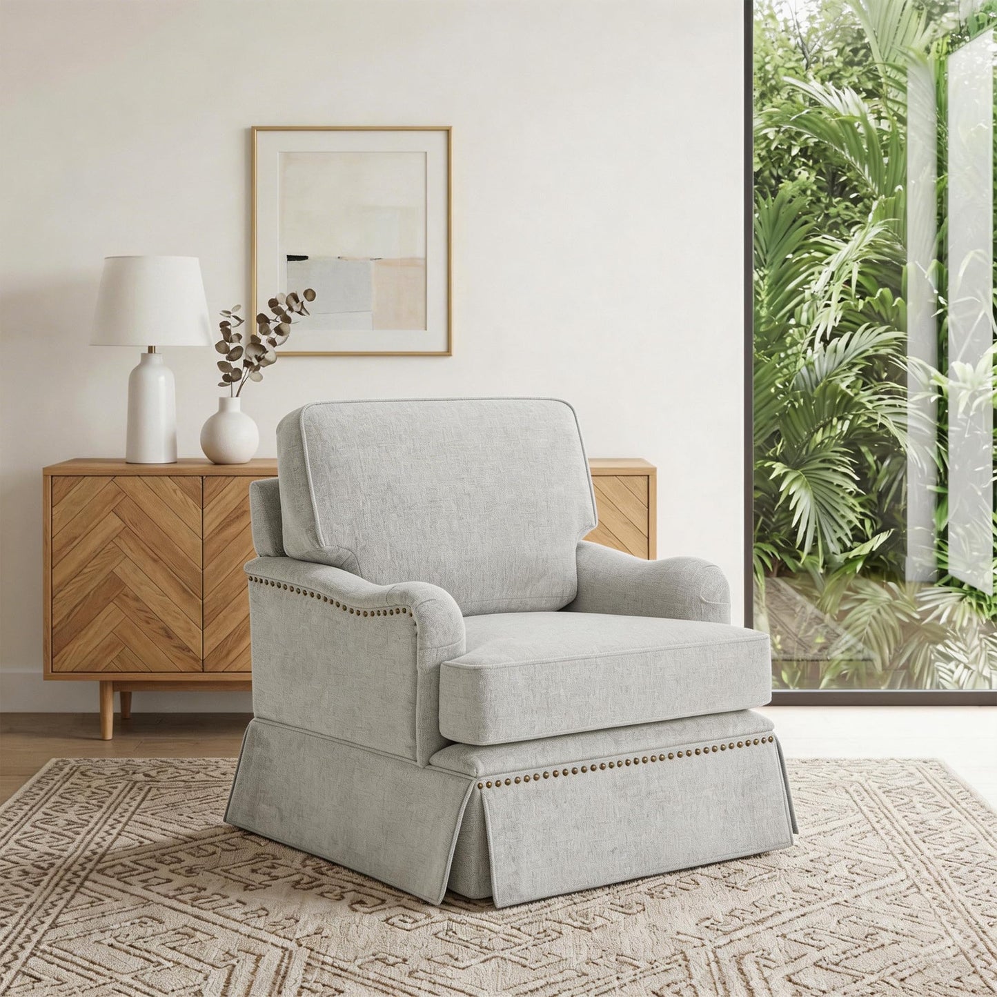 Swivel Accent Chair, 360° Swivel Upholstered Armchairs with Curved Arms, Comfy Chenille Fabric Lounge Reading Chairs for Living Room Bedroom Study, Metal Swivel Base, Tan