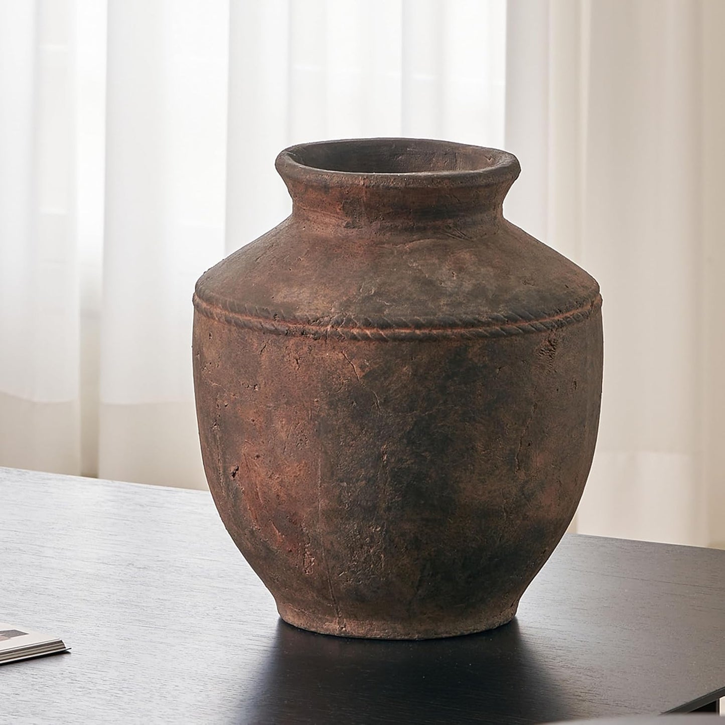 LB2 Ceramic Rustic Vase, 13.6" Tall Zen Style Terra Cotta Pitcher, Distressed Farmhouse Decor, Pottery Decorative Flower Vase for Home, Table, Living Room