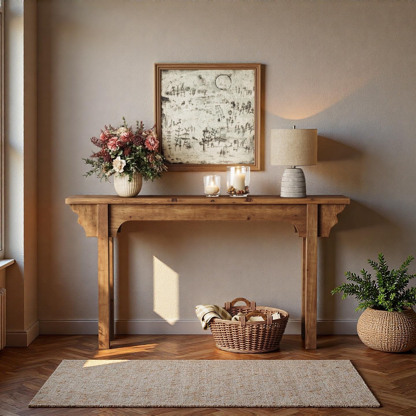 63" Solid Wood Console Table, Mid-Century Modern Entryway Table for Living Room, Hallway, Foyer