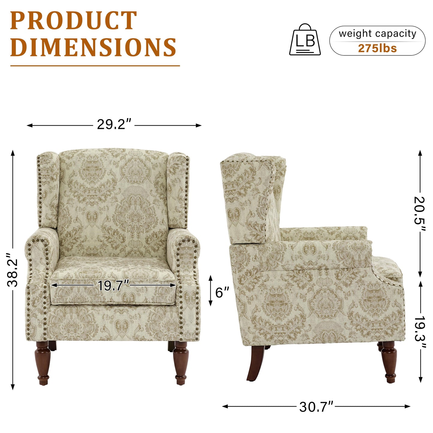 Floral Wingback Accent Chair, High Back Upholstered Armchair, Comfy Fabric Wingback Arms Chairs with Solid Wood Legs, Single Sofa Reading Chair for Bedroom Living Room, Beige