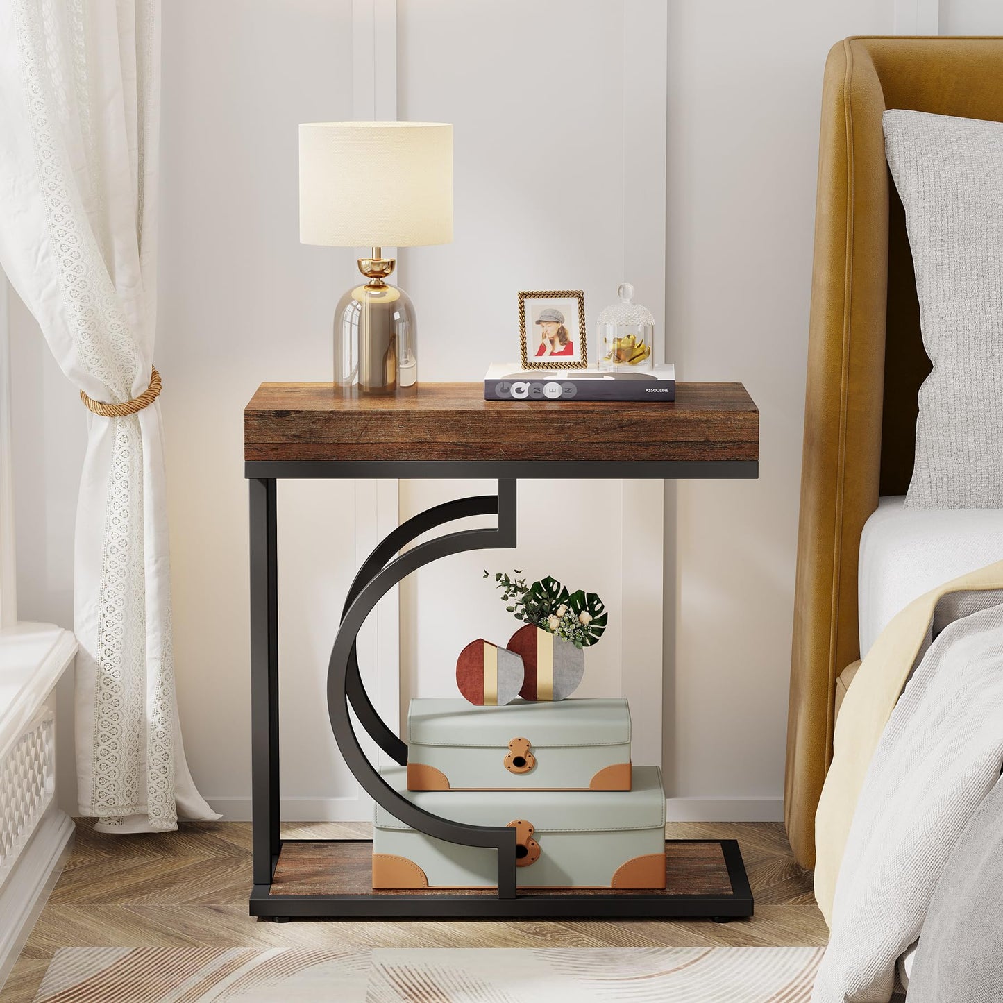 Tribesigns Narrow Side Table for Couch, C Shaped End Table with Metal Frame, Modern Bedside Tables, Small Sofa Tables for Small Spaces, Living Room (1, Brown+Black)