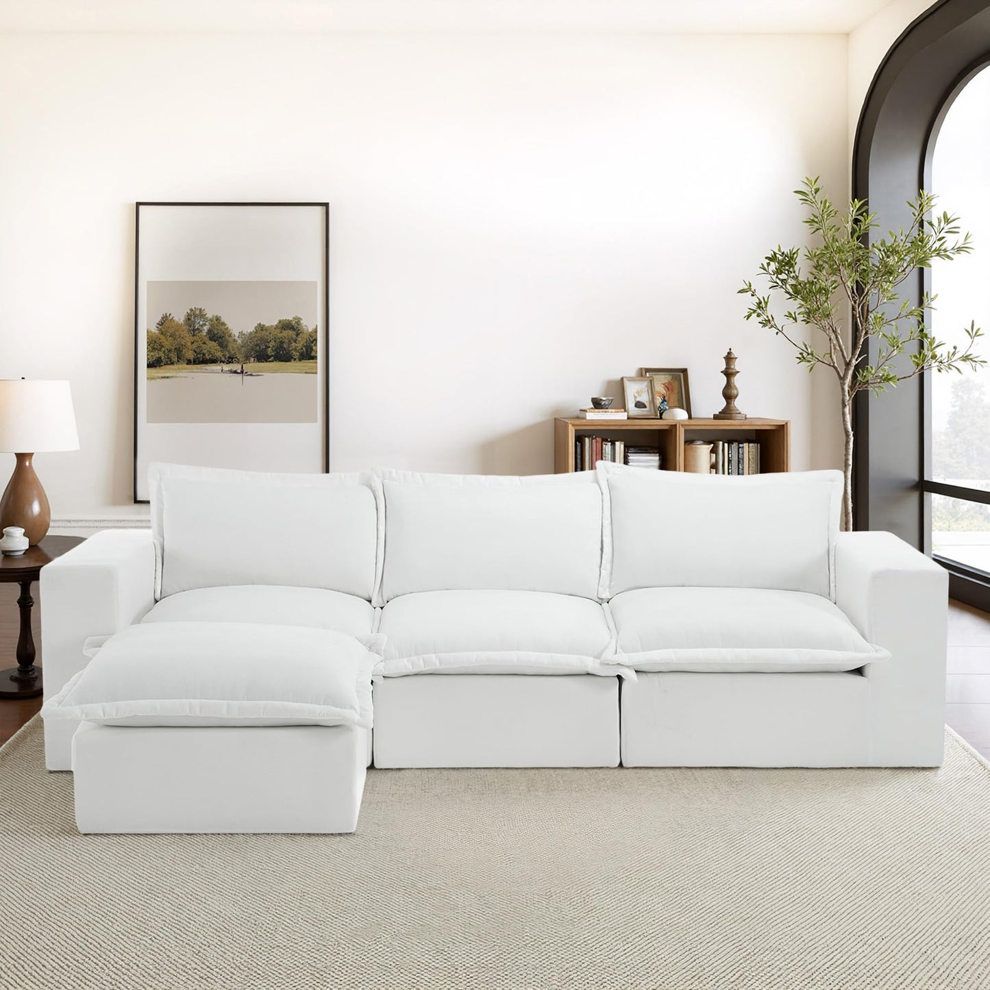 116" Modular Sectional Sofa, Comfy L Shaped Modular Coush Sofa with Ottoman, 3-Seat Chenille Cloud Couches Deep Seat Sofa for Living Room, Apartment, Small Spaces, Beige