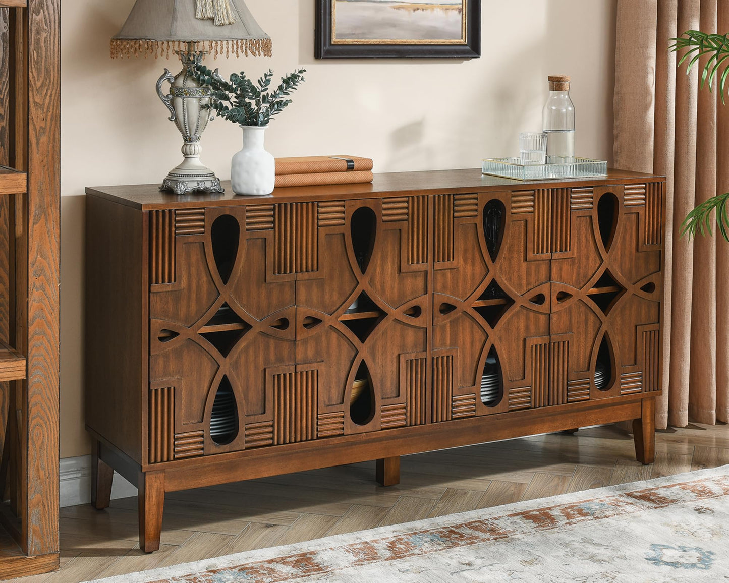 LKTART 60" Mid Century Modern Sideboard Buffet with Hollow Carved Doors and Outlet Holes,Vintage Accent Cabinet Credenzas Storage Cabinet Walnut