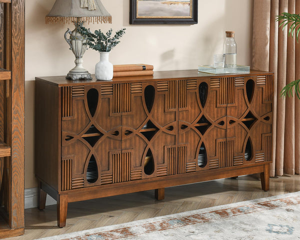 LKTART 60" Mid Century Modern Sideboard Buffet with Hollow Carved Doors and Outlet Holes,Vintage Accent Cabinet Credenzas Storage Cabinet Walnut
