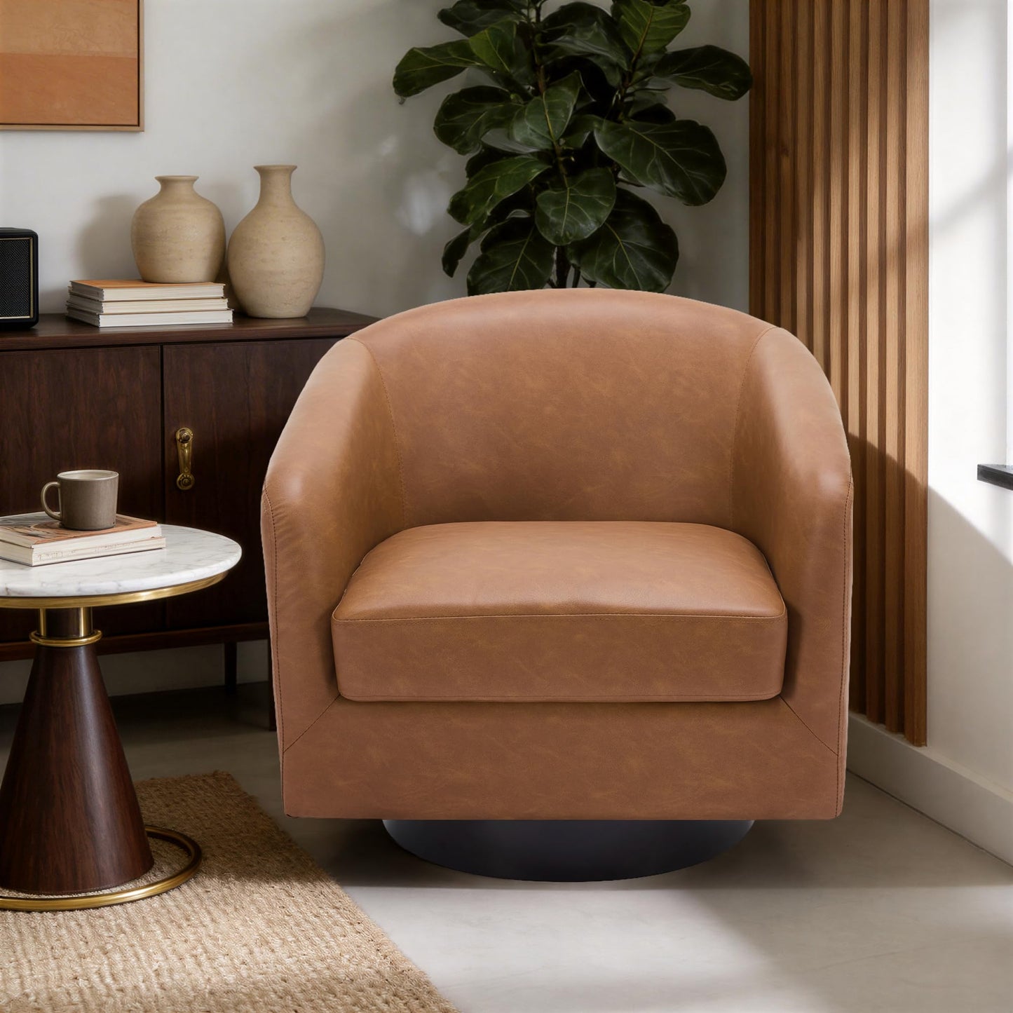Swivel Barrel Chairs Set of 2, 31" W Modern Faux Leather Round Swivel Accent Chair for Living Room, 360° Rotation Upholstered Armchair Club Chair for Bedroom, Reading Room, Office (Brown)