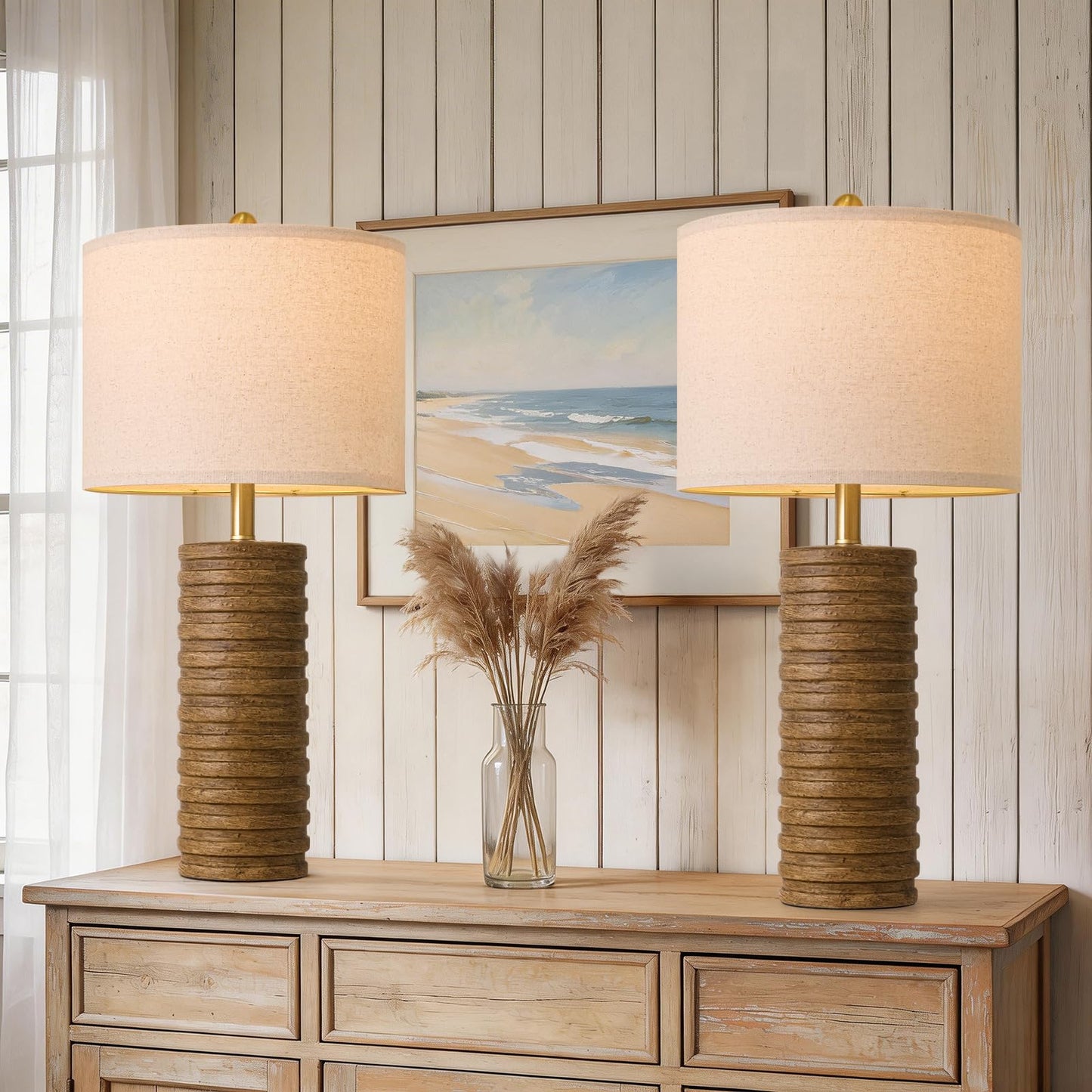 PoKat 27'' Farmhouse Table Lamps Set of 2 for Living Room, Stone-Like Bedside Lamp for Bedroom, Boho Ceramic Tall Lamps for Nightstand Office Sideboard Entryway Distressed (Antique Beige)