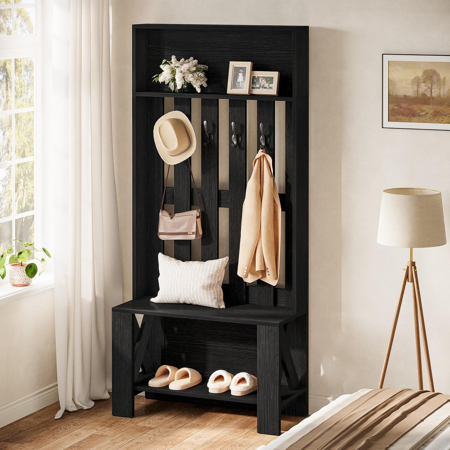 Tribesigns Hall Tree with Bench and Shoe Storage, Farmhouse Entryway Bench with Coat Racks, 70.8" Tall Wooden Hall Tree Organizer with 4 Hooks for Mudroom, Hallway, Bedroom, Space-Saving, Brown