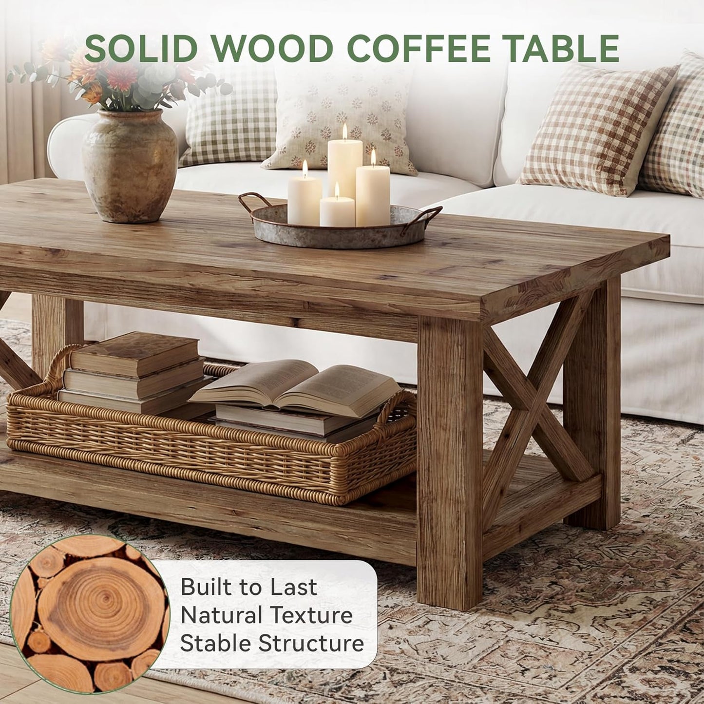 Solid Wood Coffee Table with X-Frame Side, 2-Tier Farmhouse Rectangular Center Table for Living Room, Accent Cocktail Tea Table with Storage, Brown