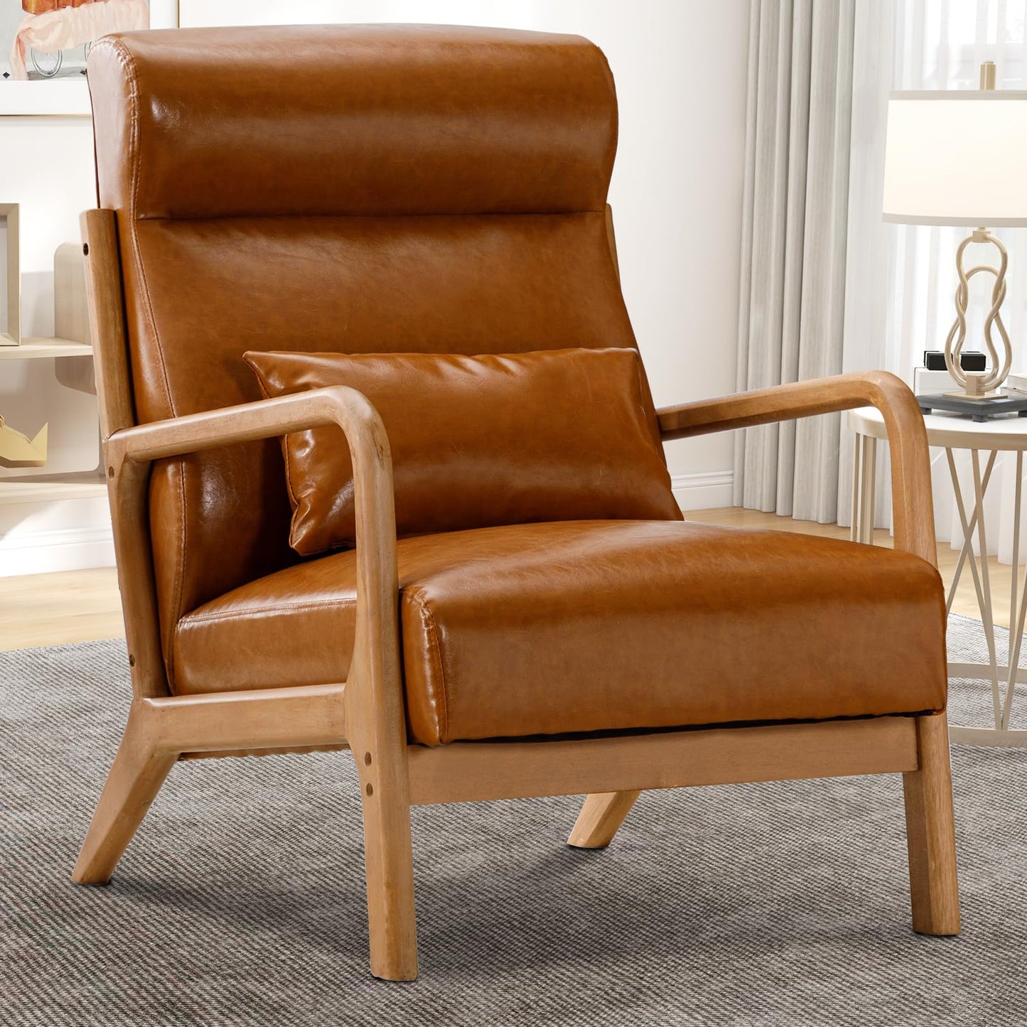 IOMOR Accent Chair Mid Century Modern Chair Linen Fabric Living Room Chairs with Solid Wood Frame Comfy Upholstered and Lumbar Pillow Reading Side Chair Easy Assembly for Bedroom Room (1, Linen Green)