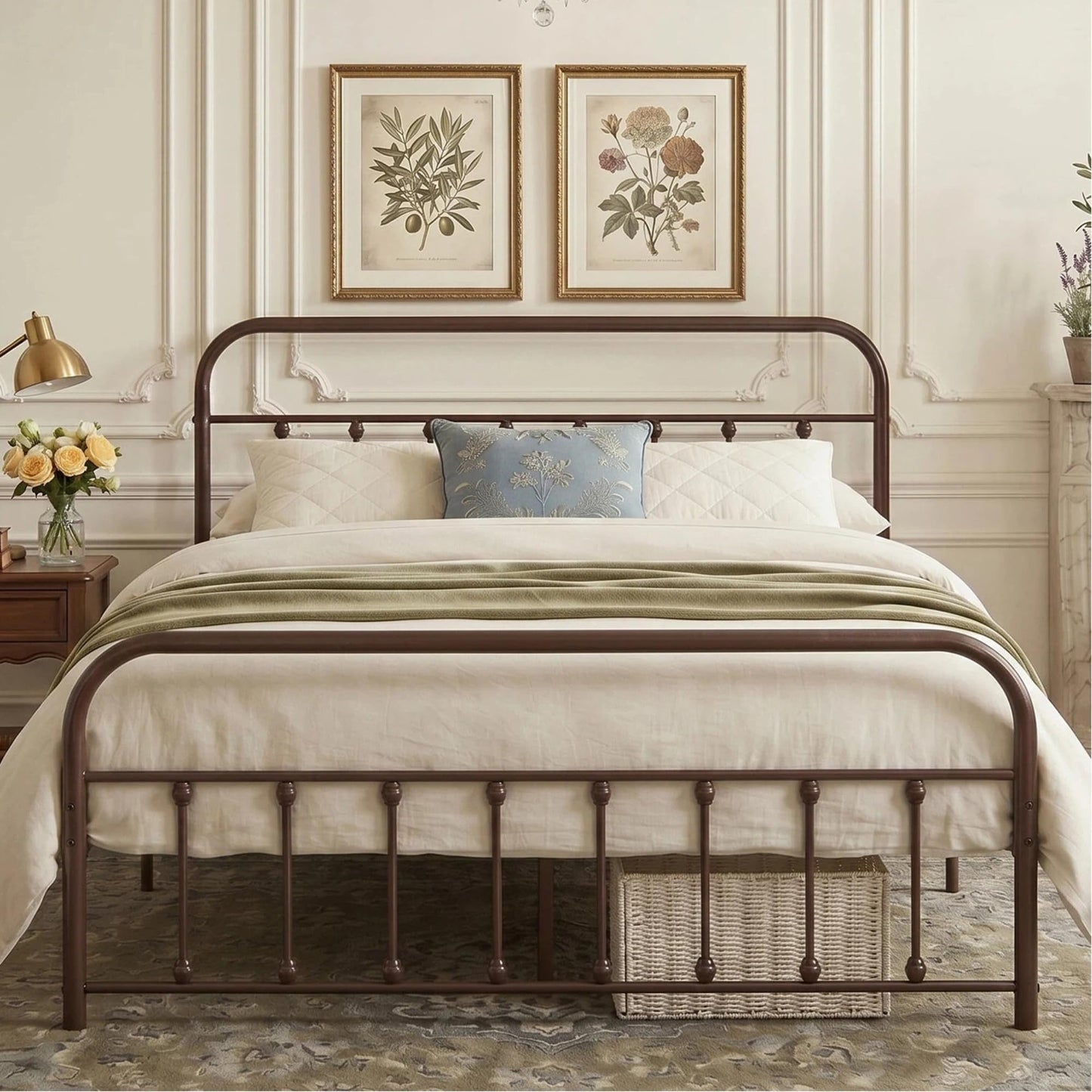 VECELO King Size Victorian Style Metal Bed Frame with Headboard/Mattress Foundation/No Box Spring Needed/Under Bed Storage and Strong Slat Support Purple Bronze