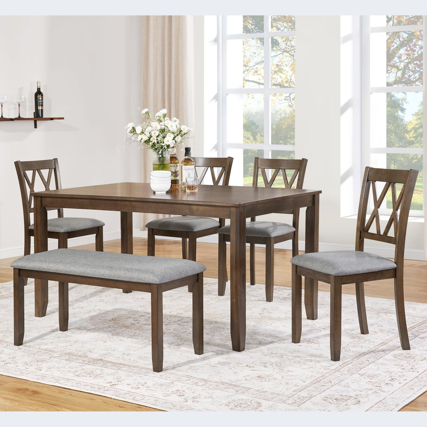 LKTART 6 Piece Kitchen Dining Set, 58.5" Rectangular Wooden Dinner Table with 4 Upholstered Chairs and a Bench for Living Room, Home Bar and Kitchen, Walnut