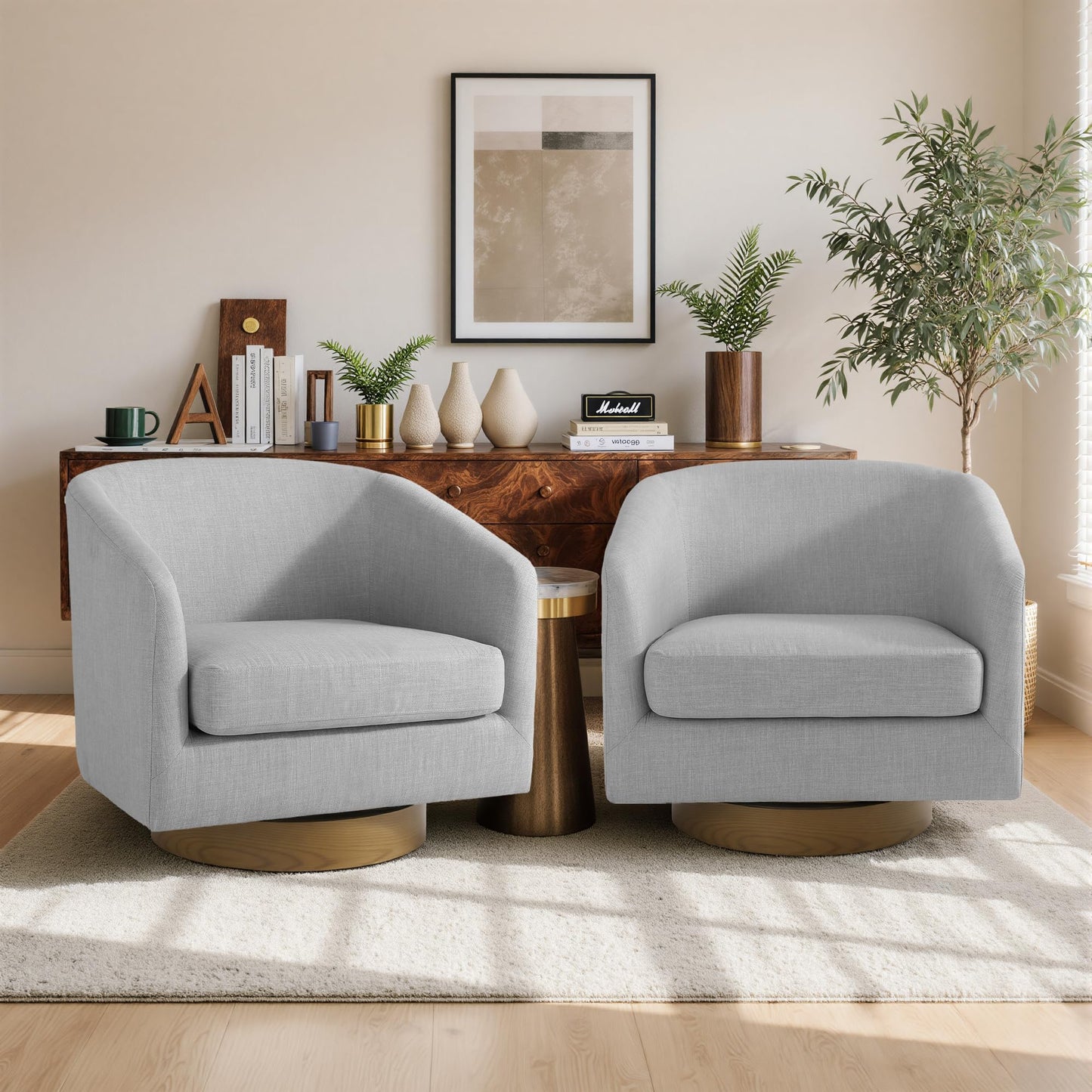 Swivel Barrel Chairs Set of 2, 31" W Modern Faux Leather Round Swivel Accent Chair for Living Room, 360° Rotation Upholstered Armchair Club Chair for Bedroom, Reading Room, Office (Brown)