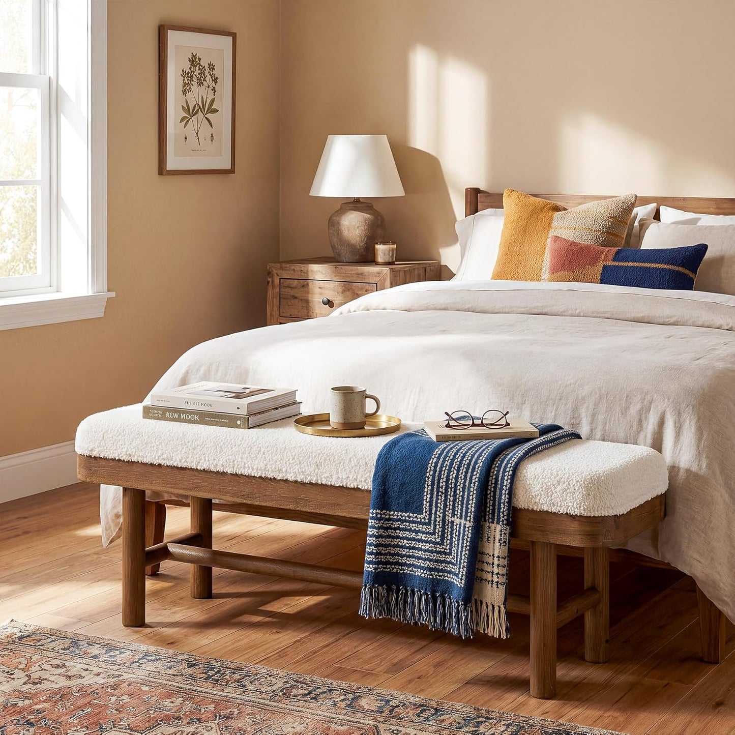 55" Upholstered Bedroom Bench, Solid Wood End of Bed Bench, Modern Indoor Bench with Cushion for Bedroom, Living Room, White & Brown
