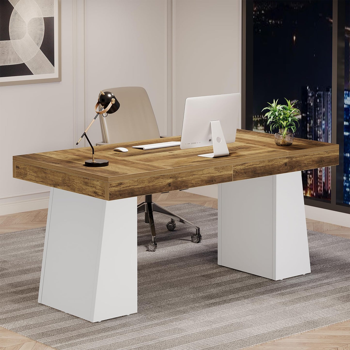 Tribesigns 55 Inches Executive Desk, Mid-Century Modern Home Office Desk, Wood MDF Computer Table Business Workstation Small Conference Table, Light Brown