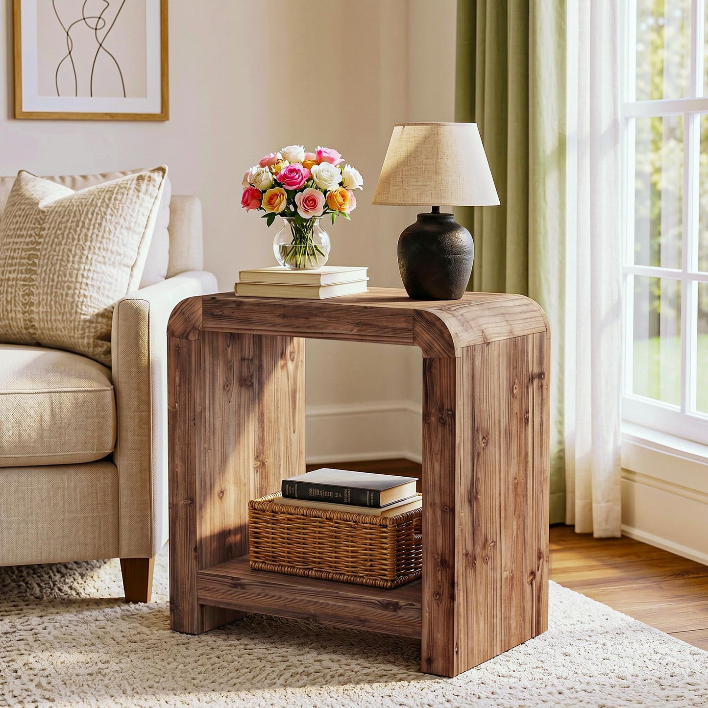 Solid Wood End Table, 2-Tier Narrow Side Table with Storage Shelves, Farmhouse Rustic Nightstand for Living Room, Bedroom, Small Spaces, Easy Assembly (1 PC, Brown)