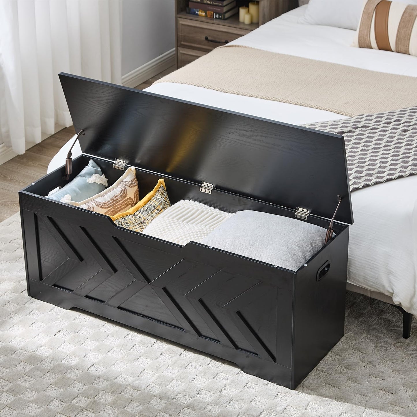 47.2” Storage Bench,Extra Large Wooden Storage Chest with 2 Safety Hinges,entryway Bench,Blanket Storage,Shoe Storage Bench for Entryway,Bedroom,Living Room,Easy Assembly.-Greige