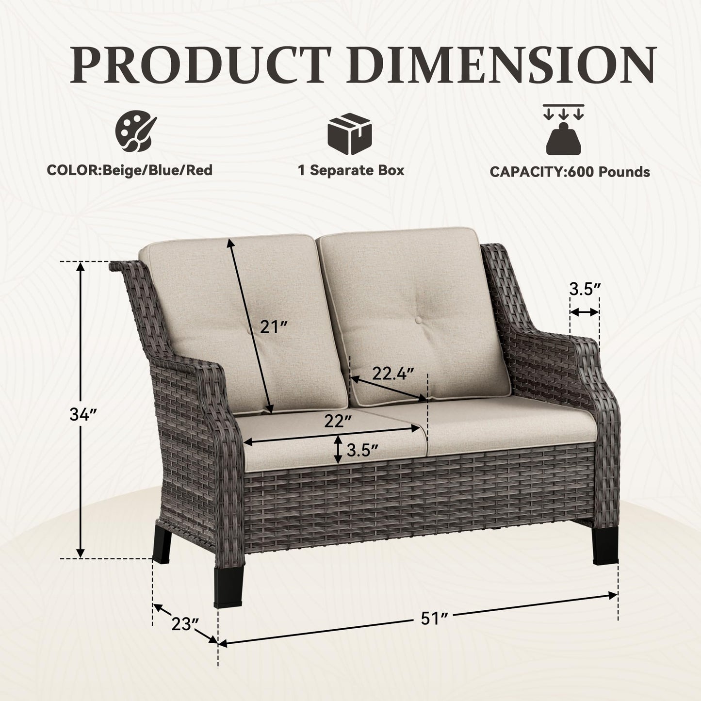Outdoor Patio Loveseat, All-Weather 2-Seater Wicker Loveseat with Cushions, Outdoor Patio Love Seat Sofa for Garden, Balcony and Deck