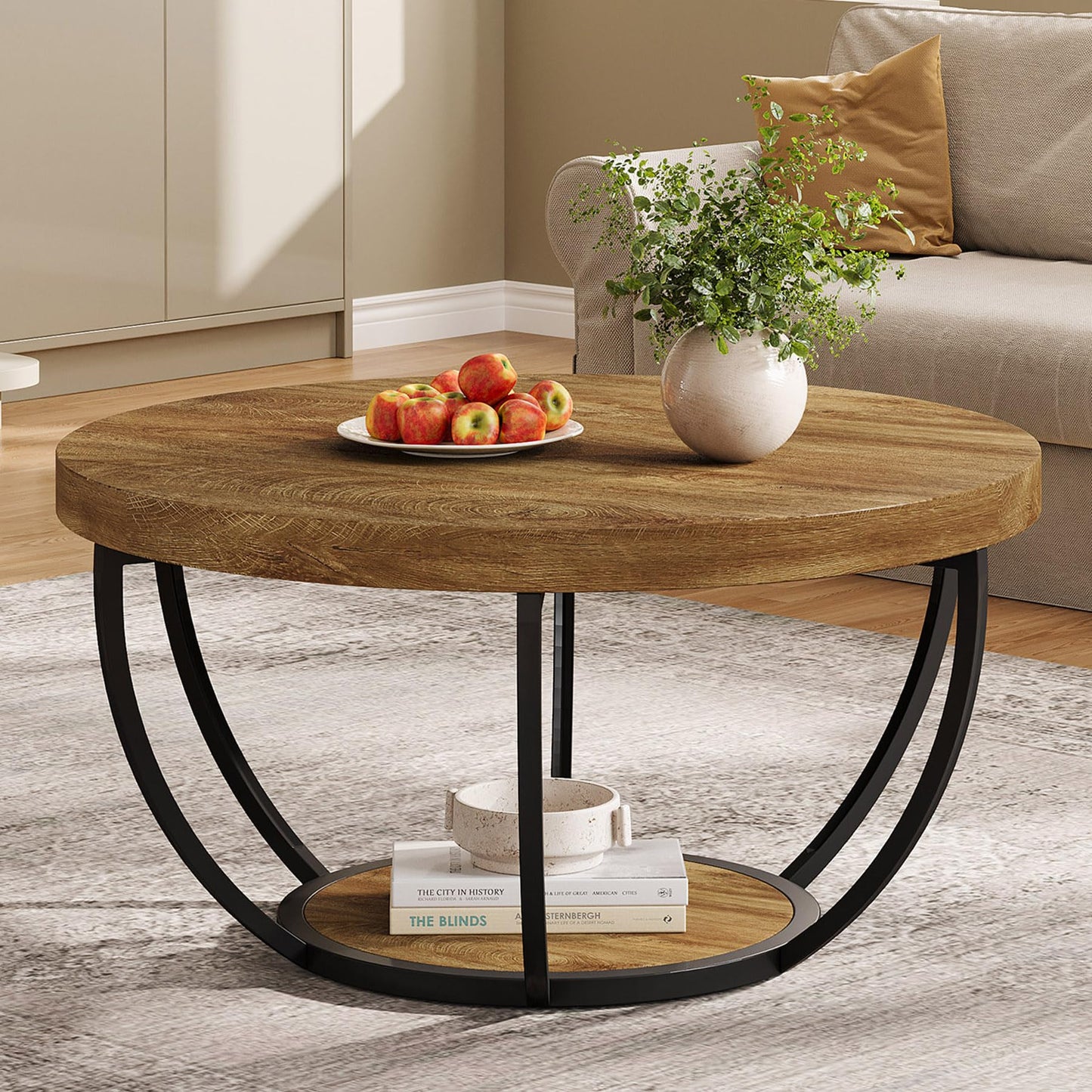 Tribesigns Round Coffee Table, 31.7" Wooden 2-Tier Circle Coffee Table with Storage Shelves, Modern Accent Cocktail Table Center Table for Living Room, Grey