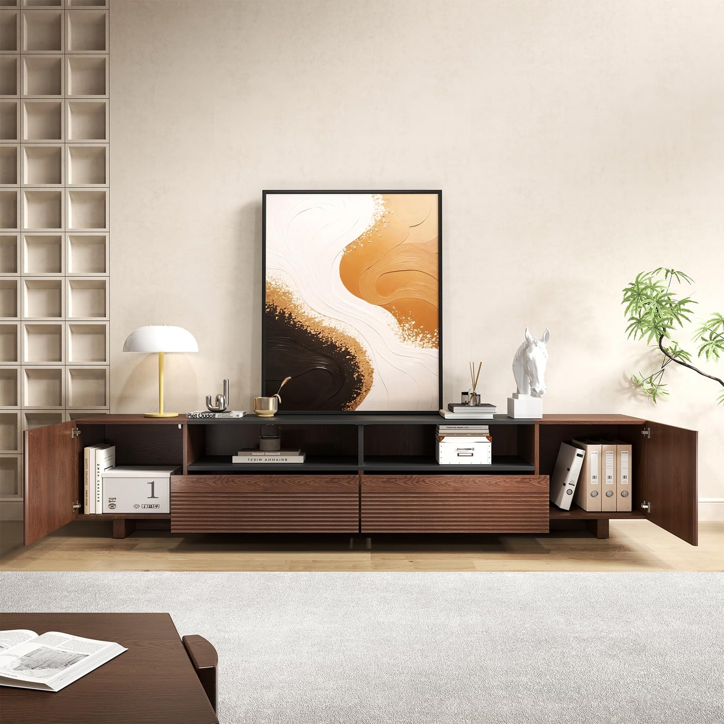 Epecoya 78.8 Inch TV Stand with Storage Cabinets for Living Room, TVs Media Console Entertainment Center with Drawers, Wood Fluted Television Stands with Open Shelves for Bedroom, Dark Brown Walnut