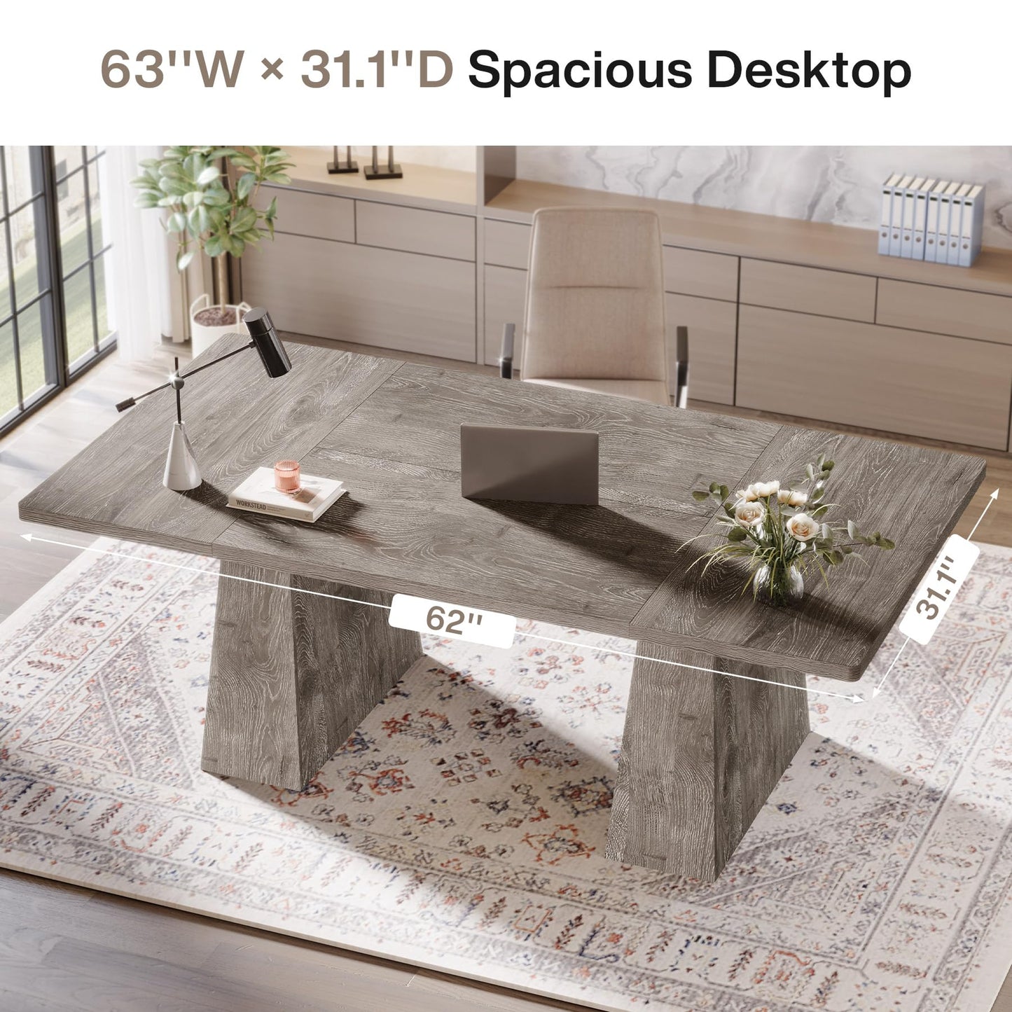 Tribesigns 63-Inch Executive Desk, Large Office Computer Desk with Double Pedestal, Modern Simple Workstations Writing Table Conference Table Business Furniture for Home Office, Light Brown