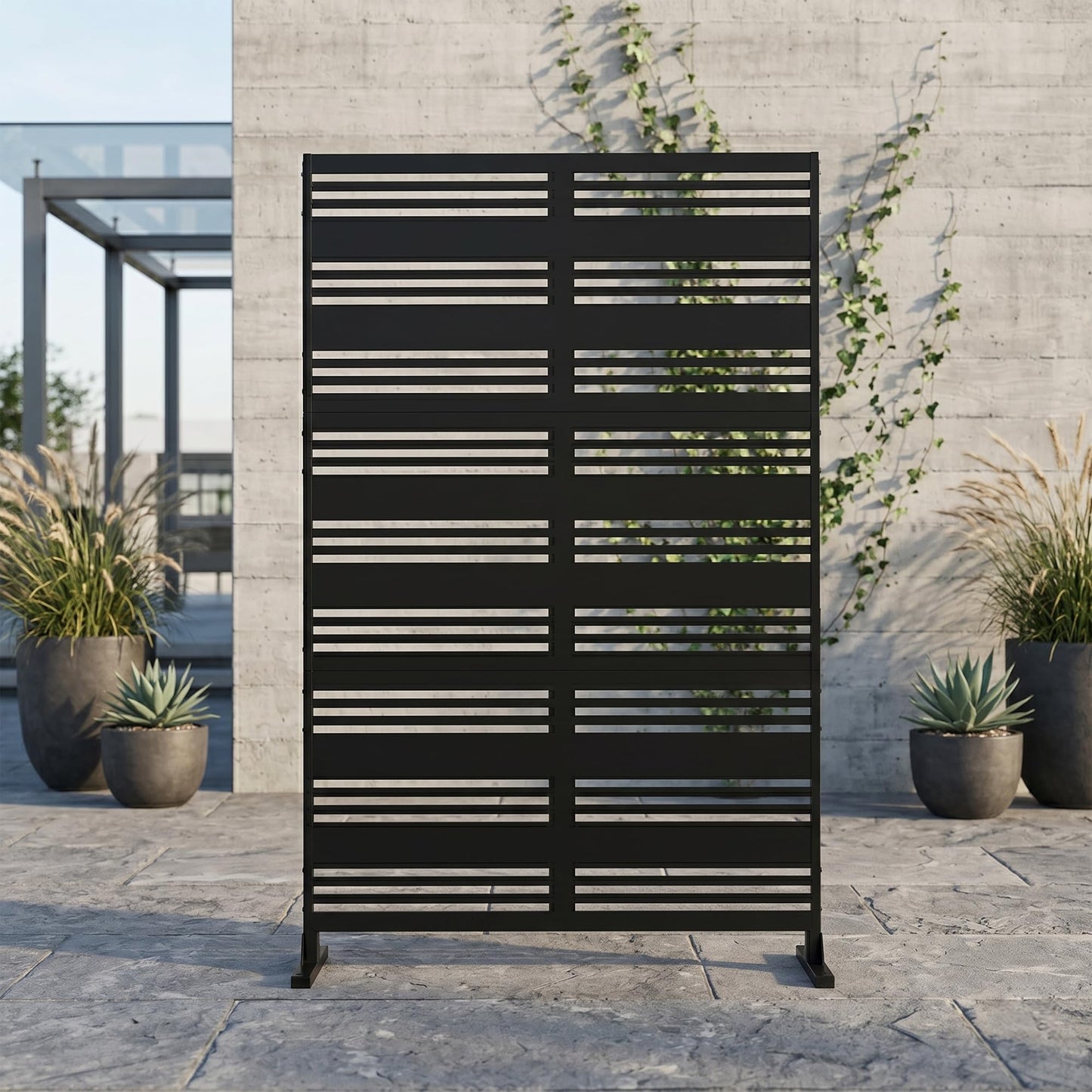 Outdoor Metal Privacy Screen with Stand, 72" H x 47" W Freestanding Outdoor Patio Divider, Decorative Patio Privacy Fence Panel for Garden Backyard Balcony Porch (Brown-Crossbanding)