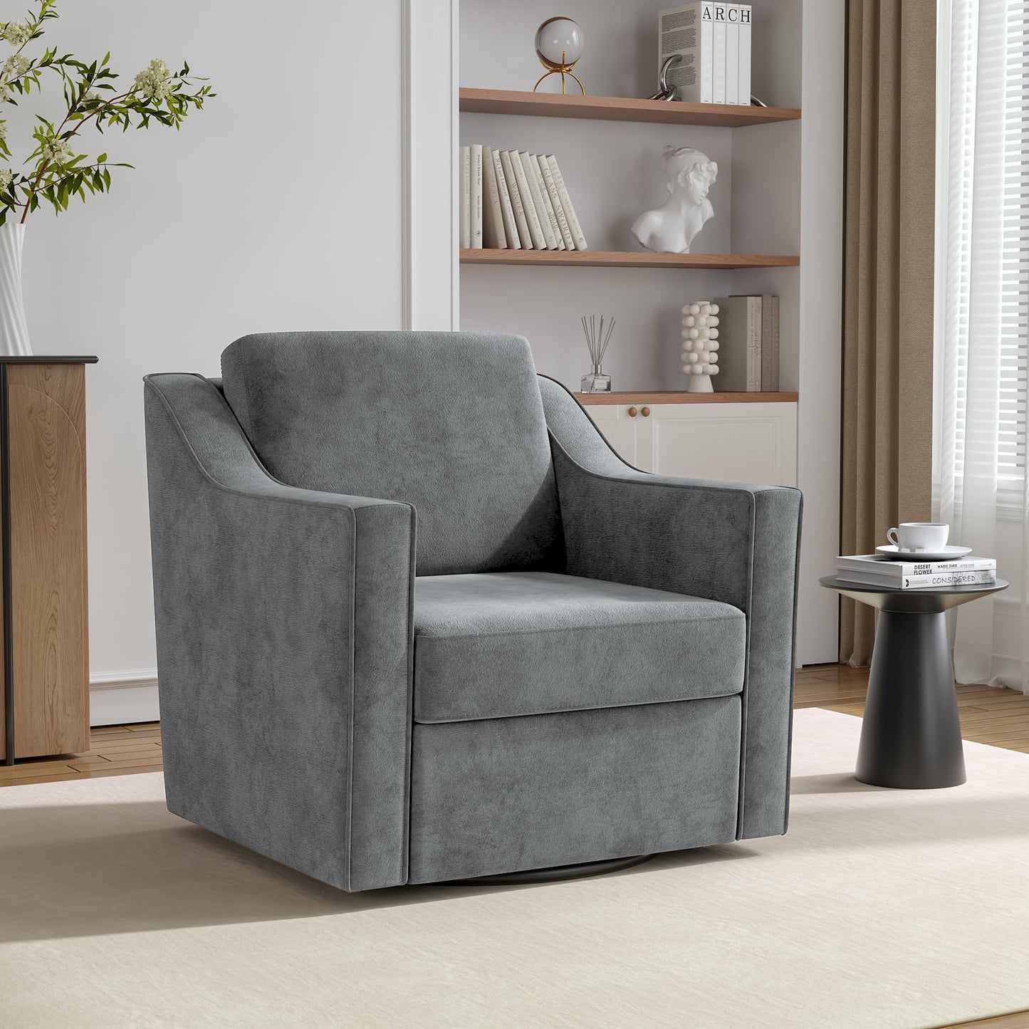 Swivel Accent Chairs Set of 2, 360° Swivel Upholstered Faux Leather Club Armchairs for Living Room, Comfy Single Sofa Reading Chair with Deep Seat, Metal Swivel Base, Coffee