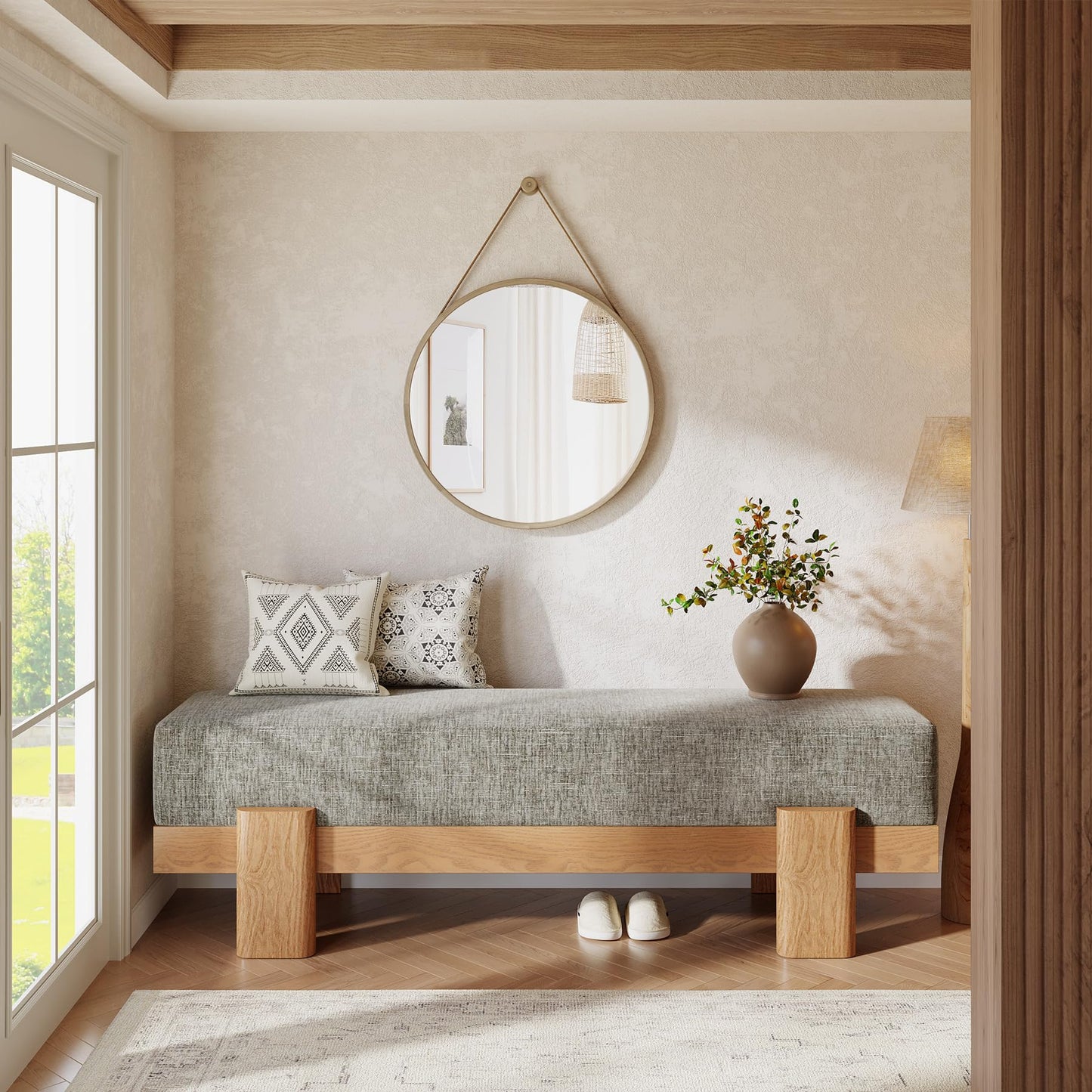 Tribesigns 55-Inch Upholstered Entryway Bench, Modern Shoe Bench with Ultra-Plush Thick Cushion and MDF Frame, End of Bed Stool Long Ottoman for Entrance, Living Room (Beige & Oak)
