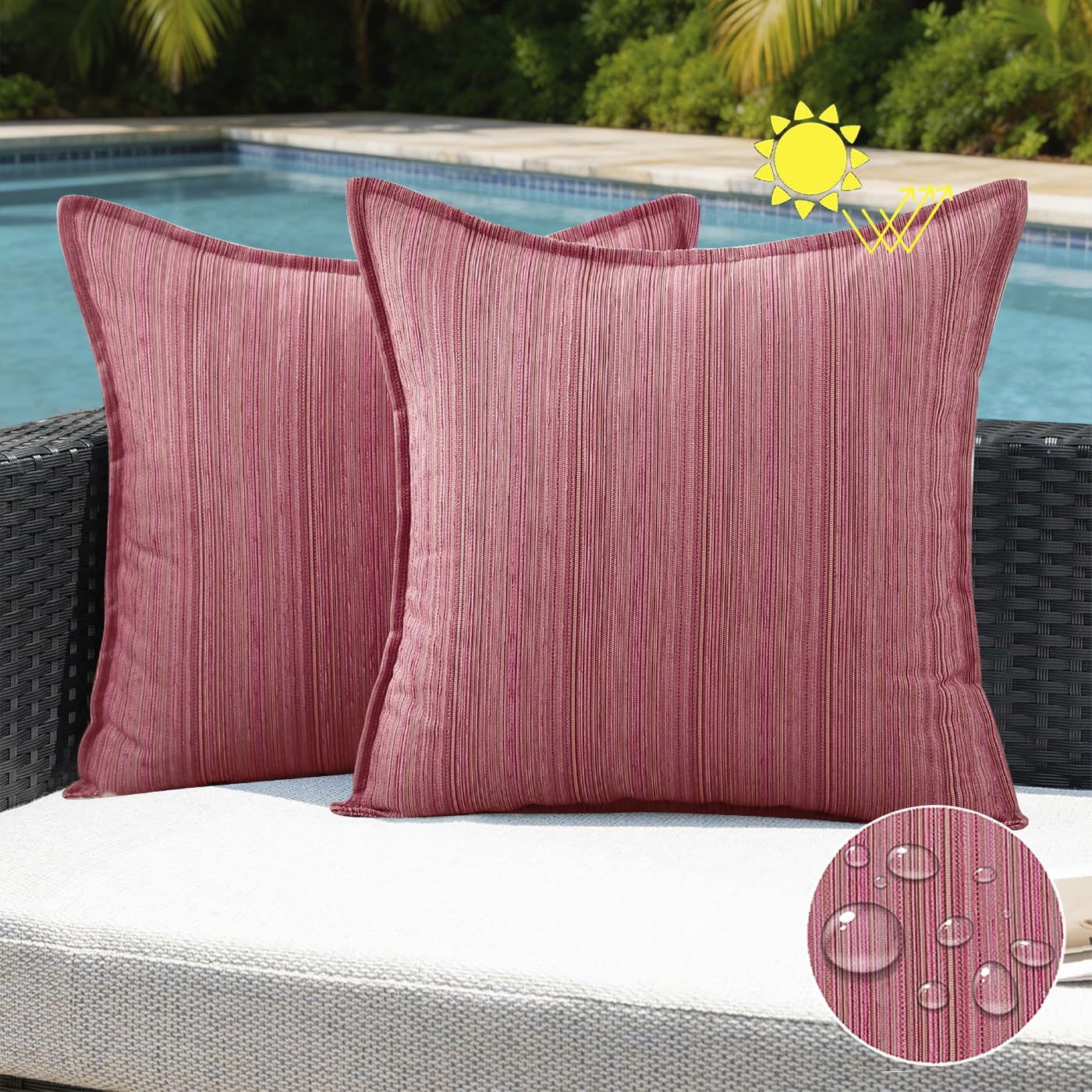 VAKADO Outdoor Waterproof Throw Pillow Covers 18x18 Set of 2,Chenille UV Decorative with Hem Patio Furniture Cushion Cases Decor for Bench Garden Tent Chair Seat Porch Couch,Stripe Beige