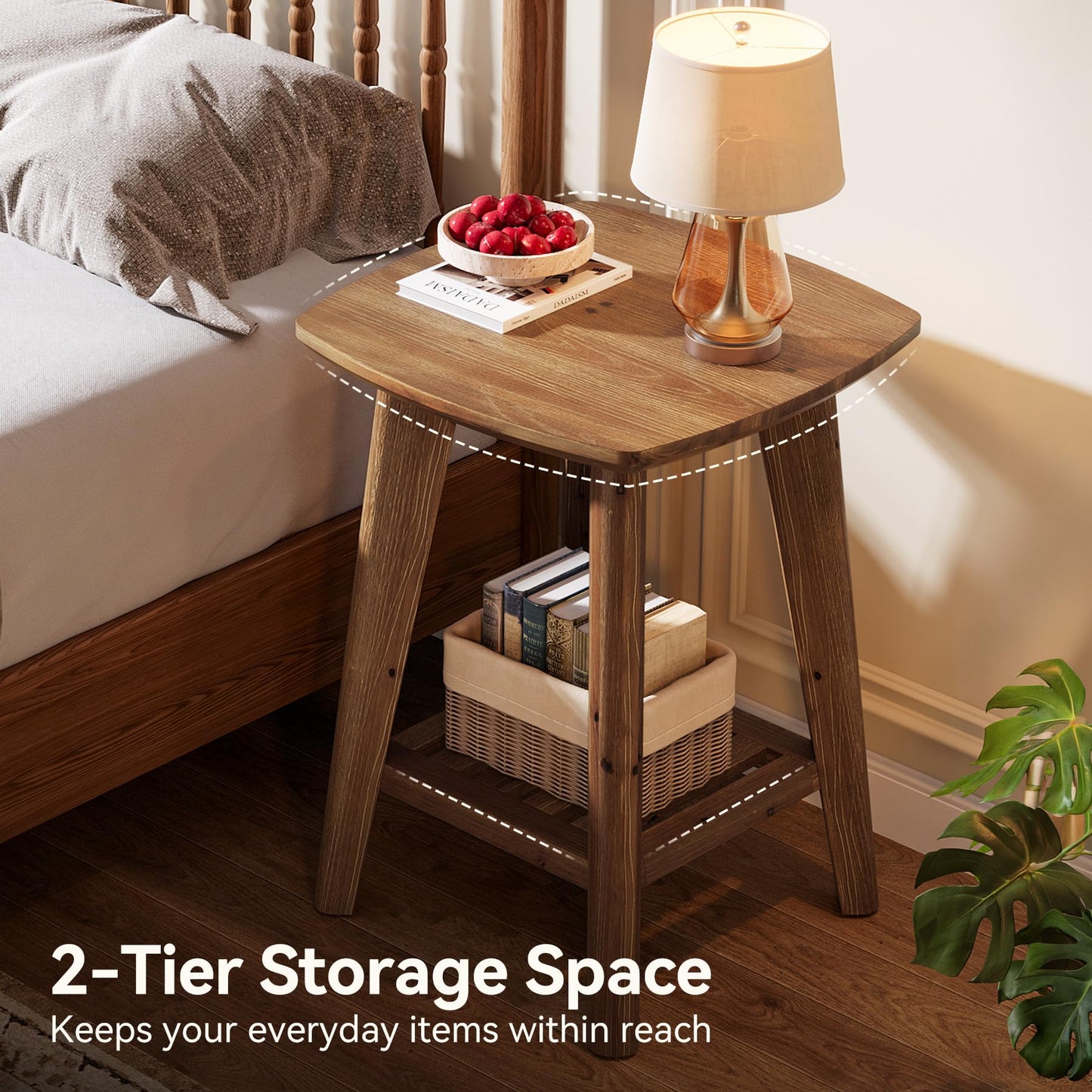 Square Side Table with 2-Tier Storage Shelf & Solid Wood Material, 19.68" Wood End Table for Living Room, Sofa Side, Small Spaces – Easy Assembly, Space-Saving Design (2PCS)
